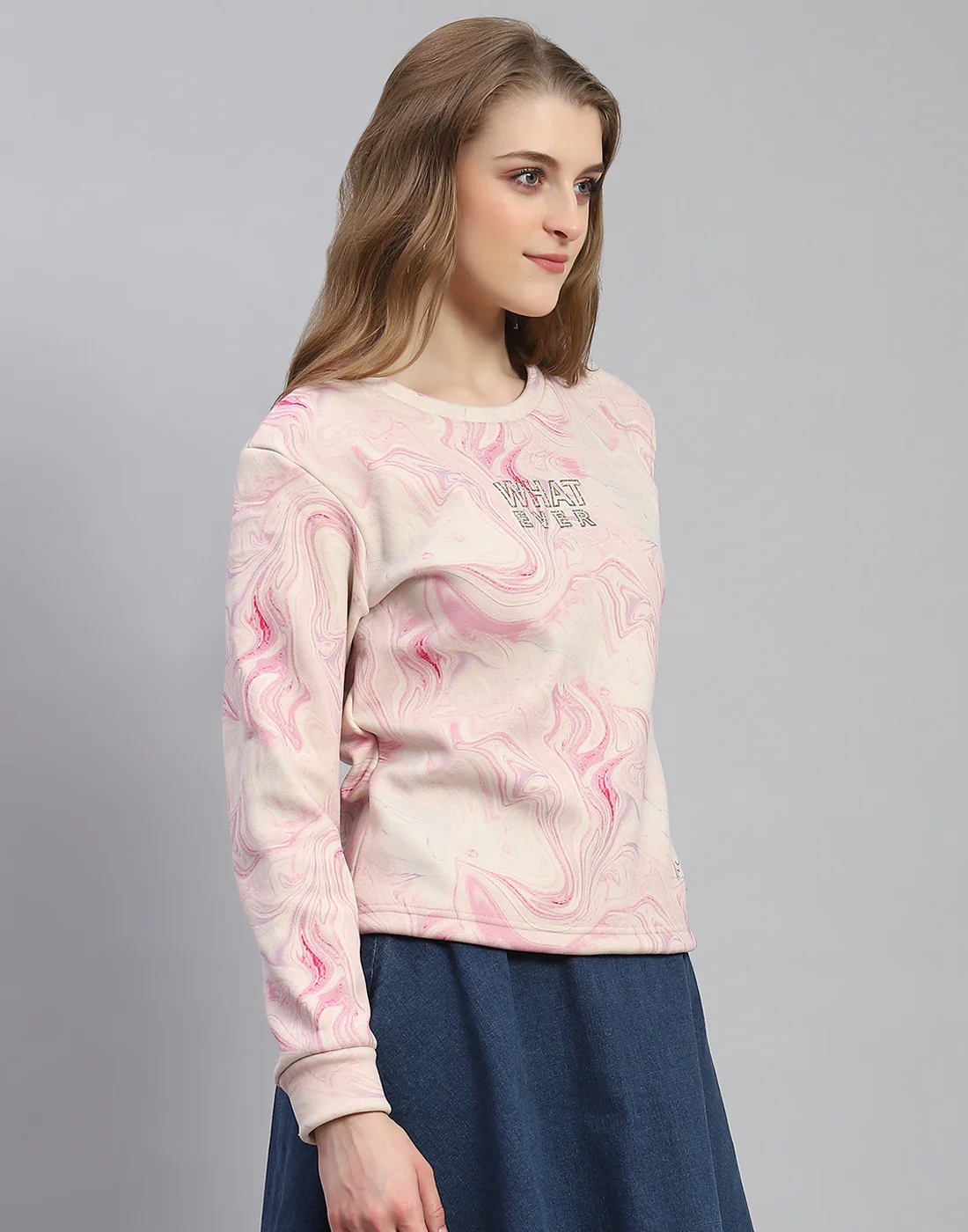 Women Pink Printed Round Neck Full Sleeve Sweatshirt - Image 4