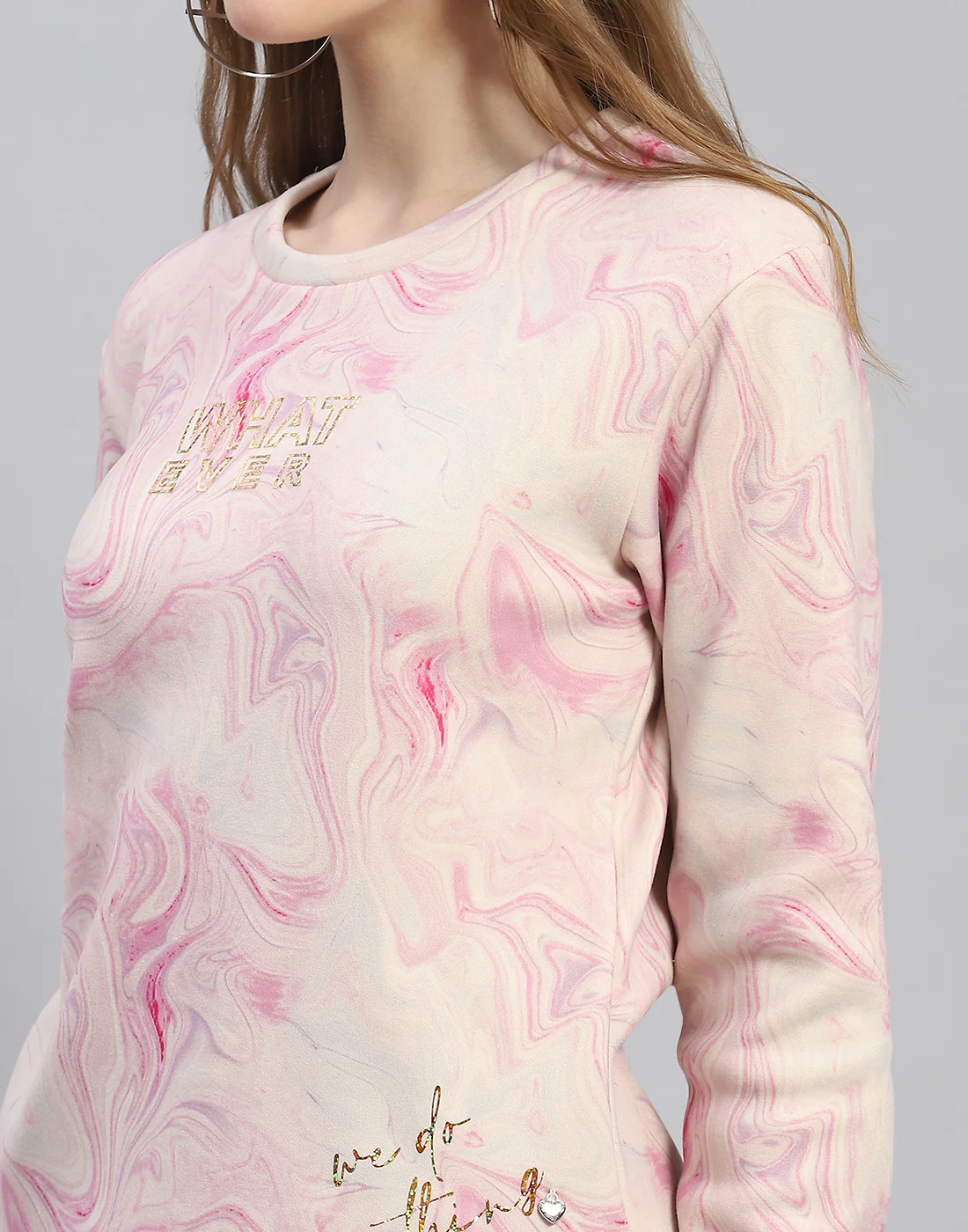 Women Pink Printed Round Neck Full Sleeve Sweatshirt - Image 6