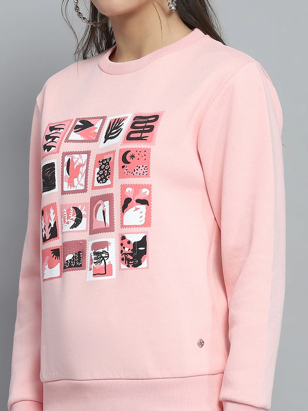Women Pink Printed Round Neck Full Sleeve Sweatshirt - Image 6