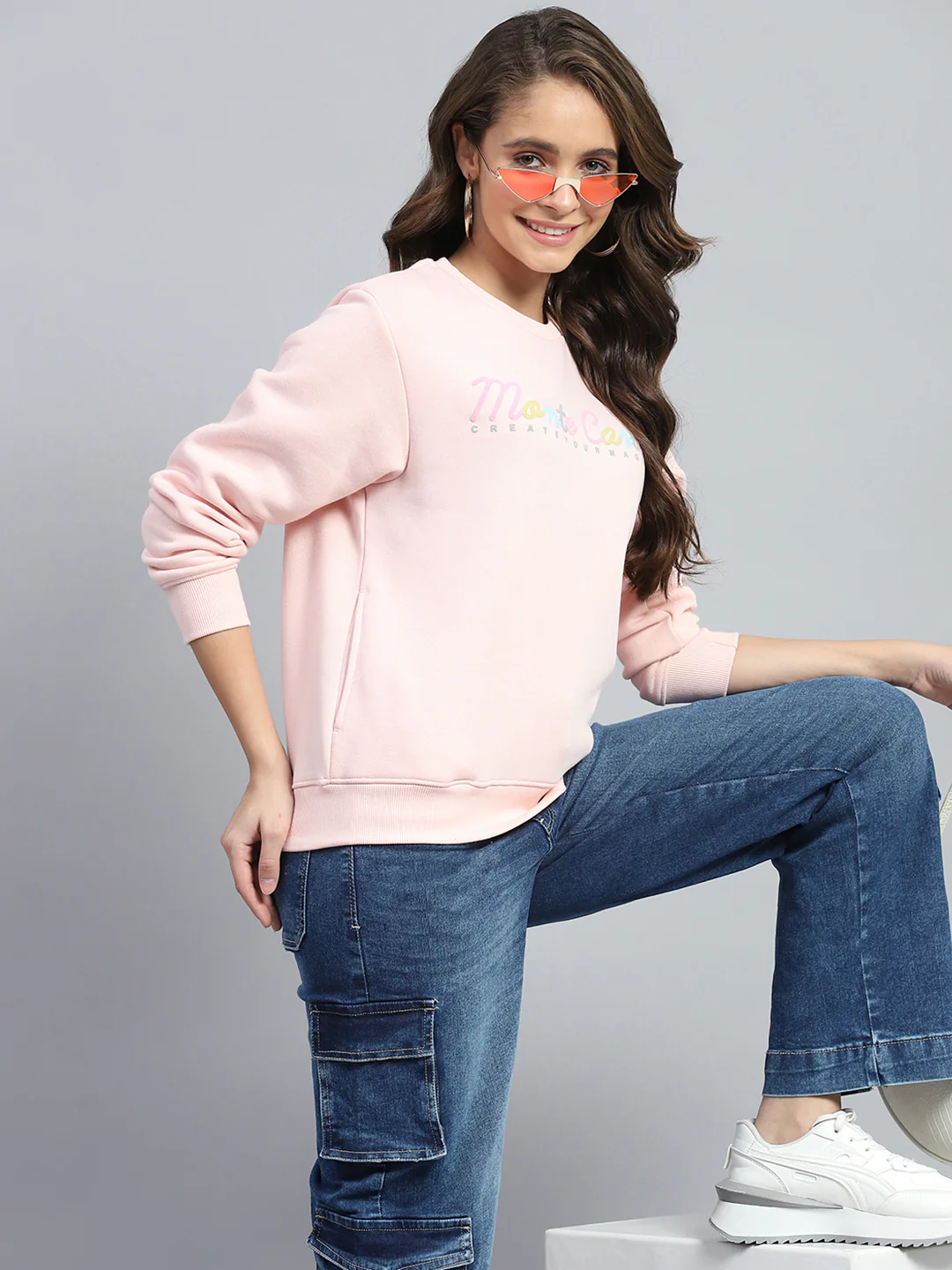 Women Pink Printed Round Neck Full Sleeve Sweatshirt - Image 6