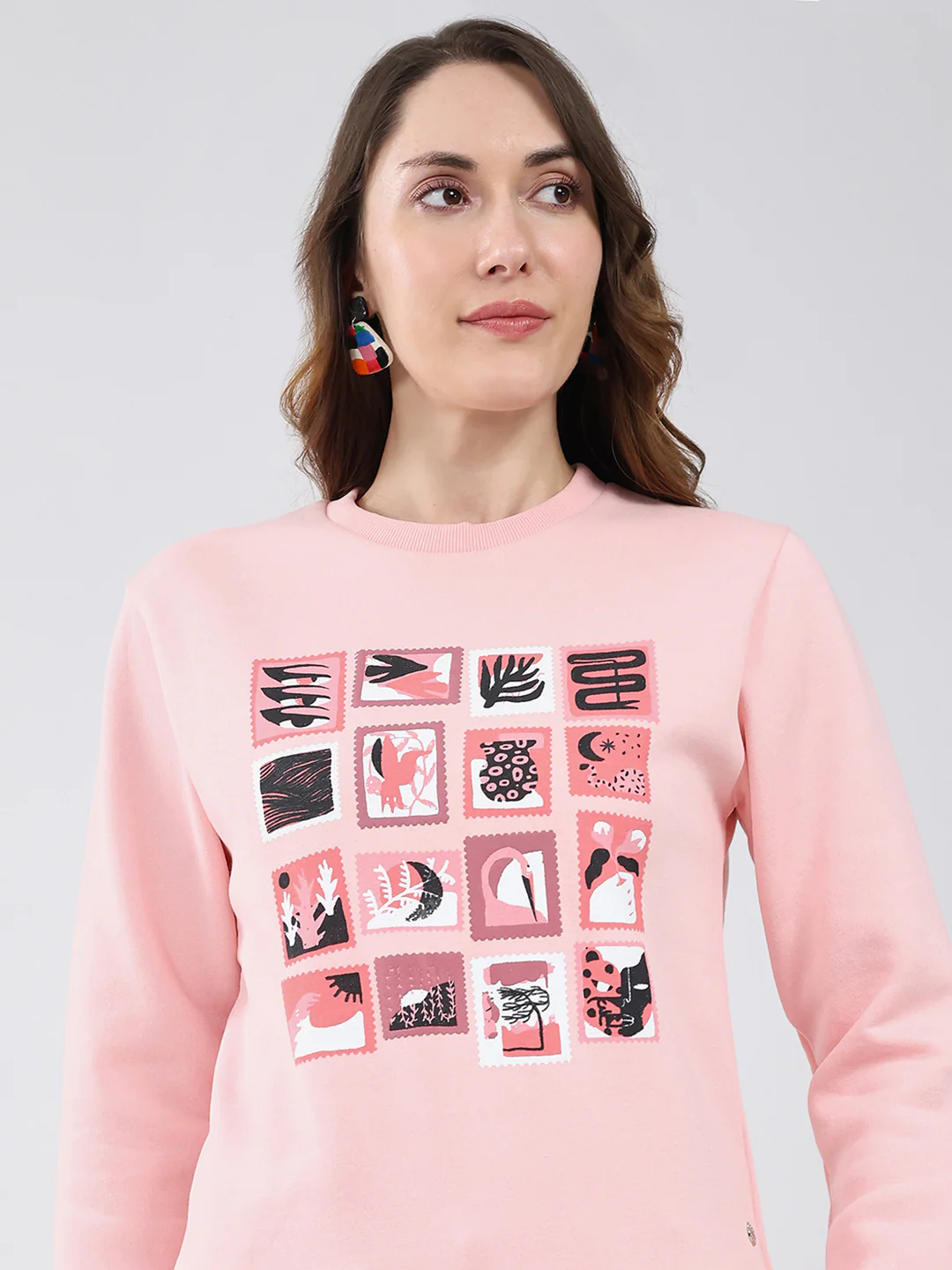 Women Pink Printed Round Neck Full Sleeve Sweatshirt - Image 7