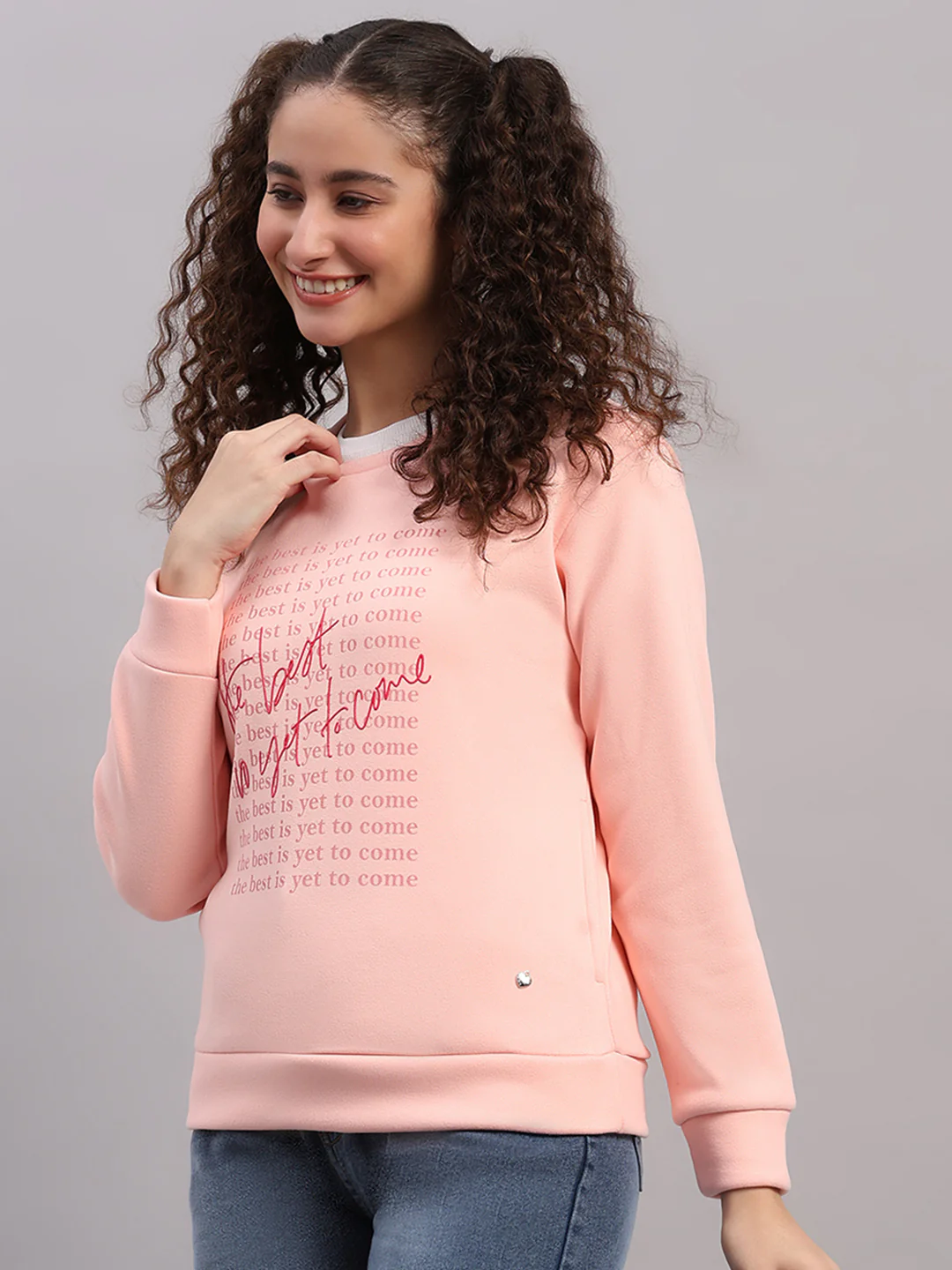 Women Pink Printed Round Neck Full Sleeve Sweatshirt - Image 3