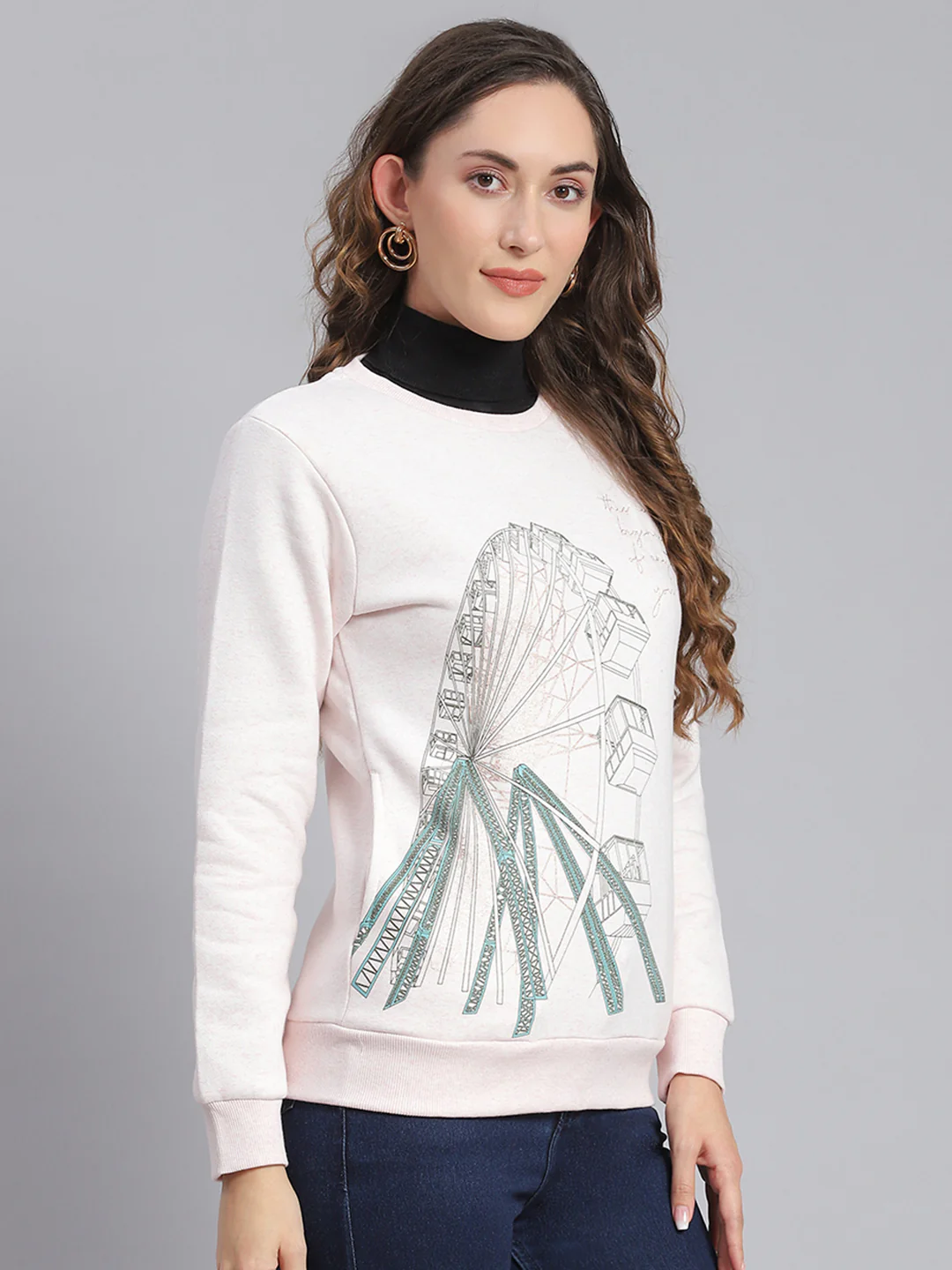 Women Pink Printed Round Neck Full Sleeve Sweatshirts - Image 4