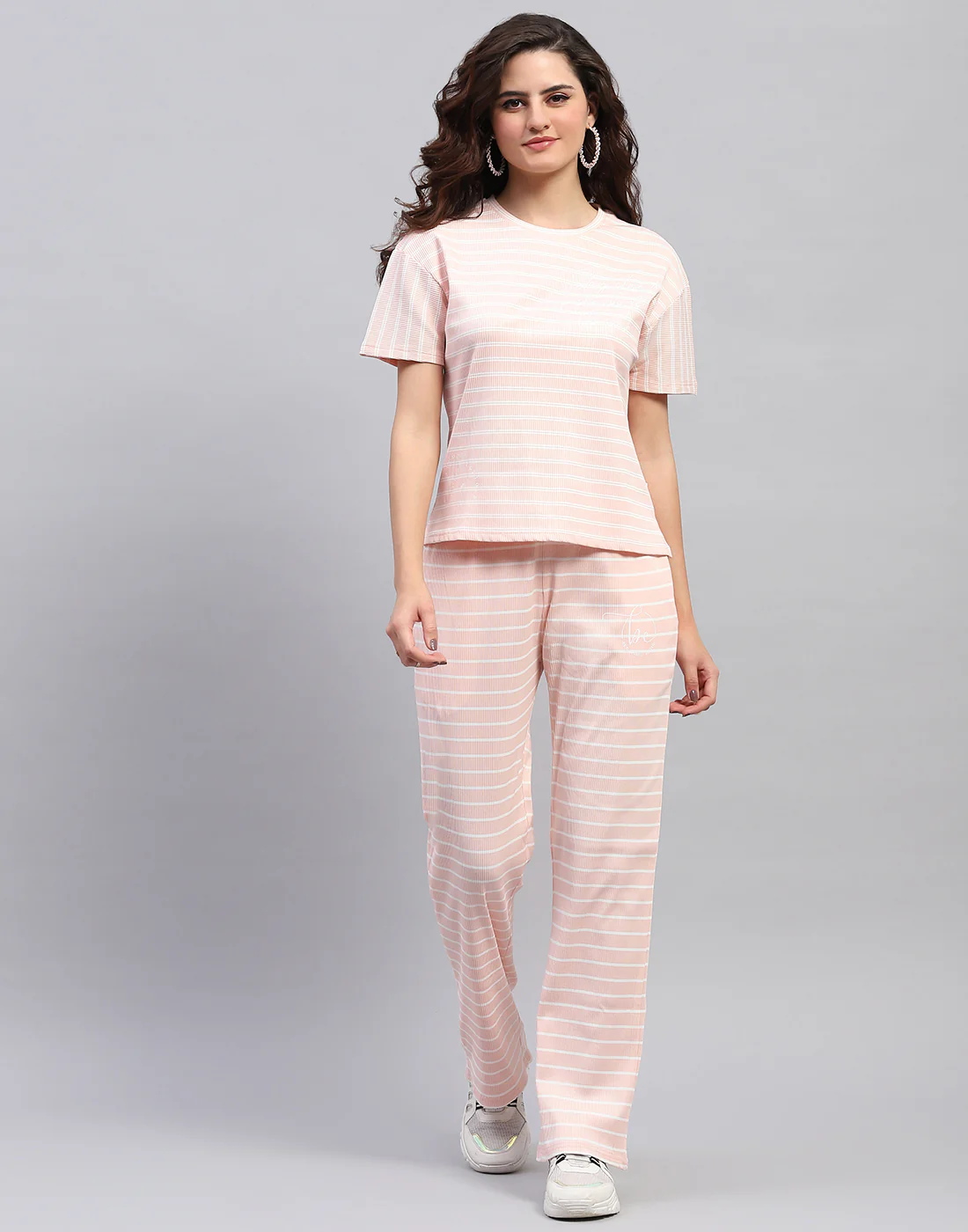 Women Pink Printed Round Neck Half Sleeve Cords Set - Image 3
