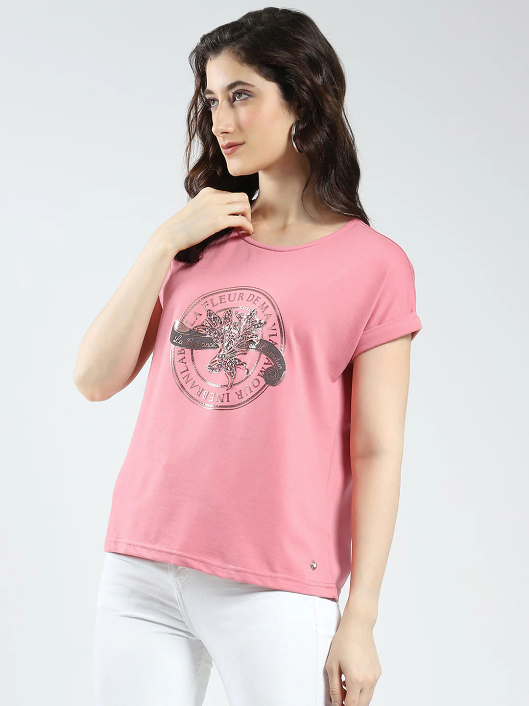 Women Pink Printed Round Neck Half Sleeve Top - Image 3