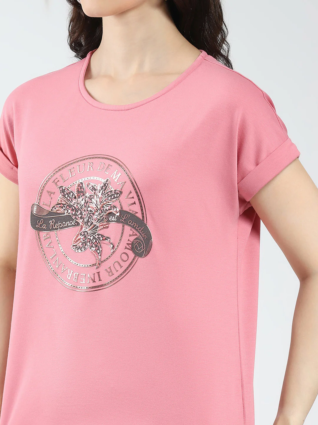 Women Pink Printed Round Neck Half Sleeve Top - Image 6