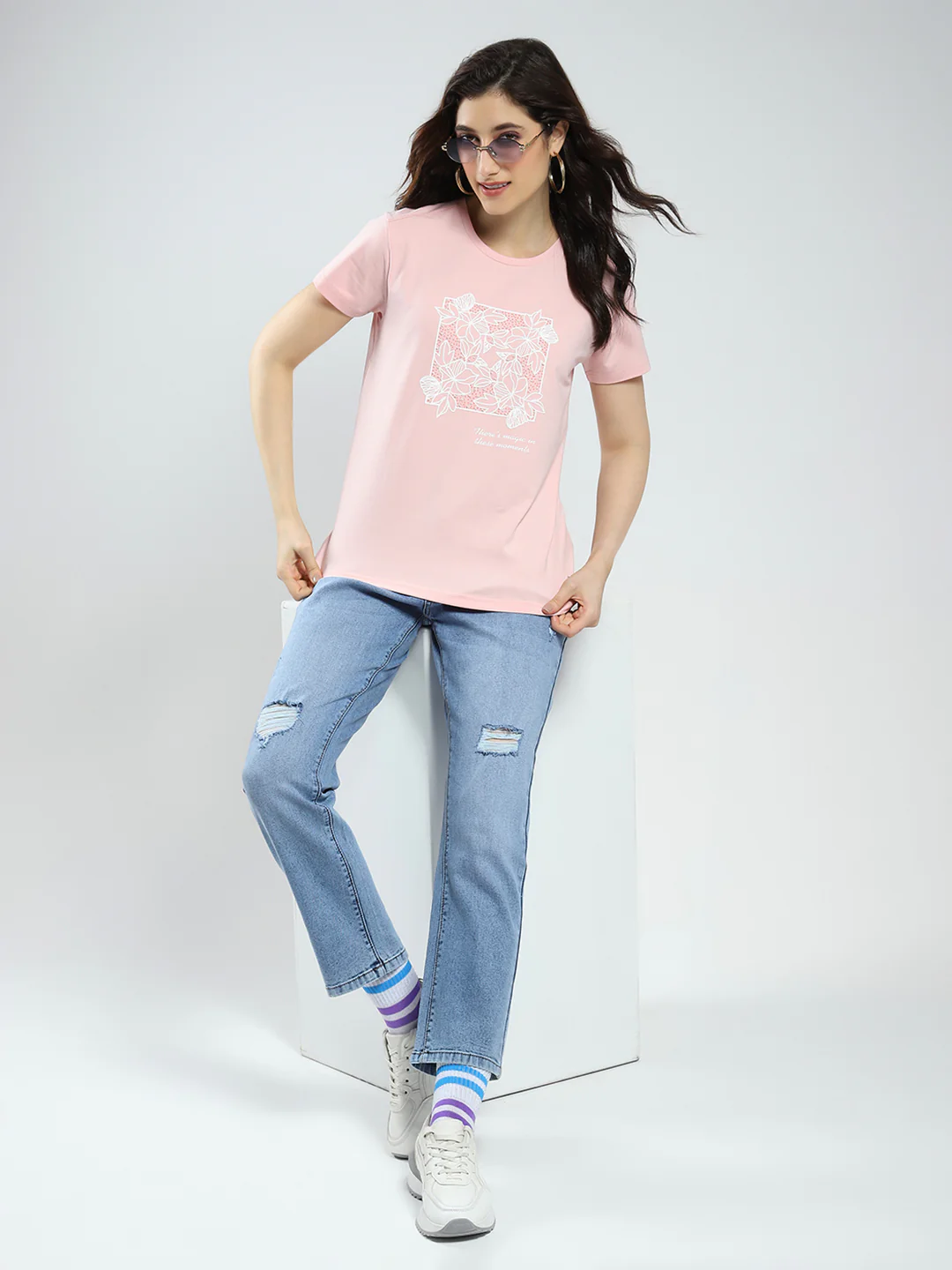 Women Pink Printed Round Neck Half Sleeve Top - Image 2