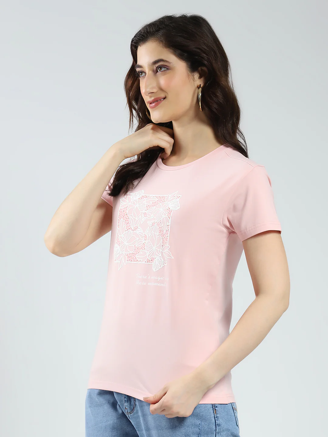 Women Pink Printed Round Neck Half Sleeve Top - Image 4