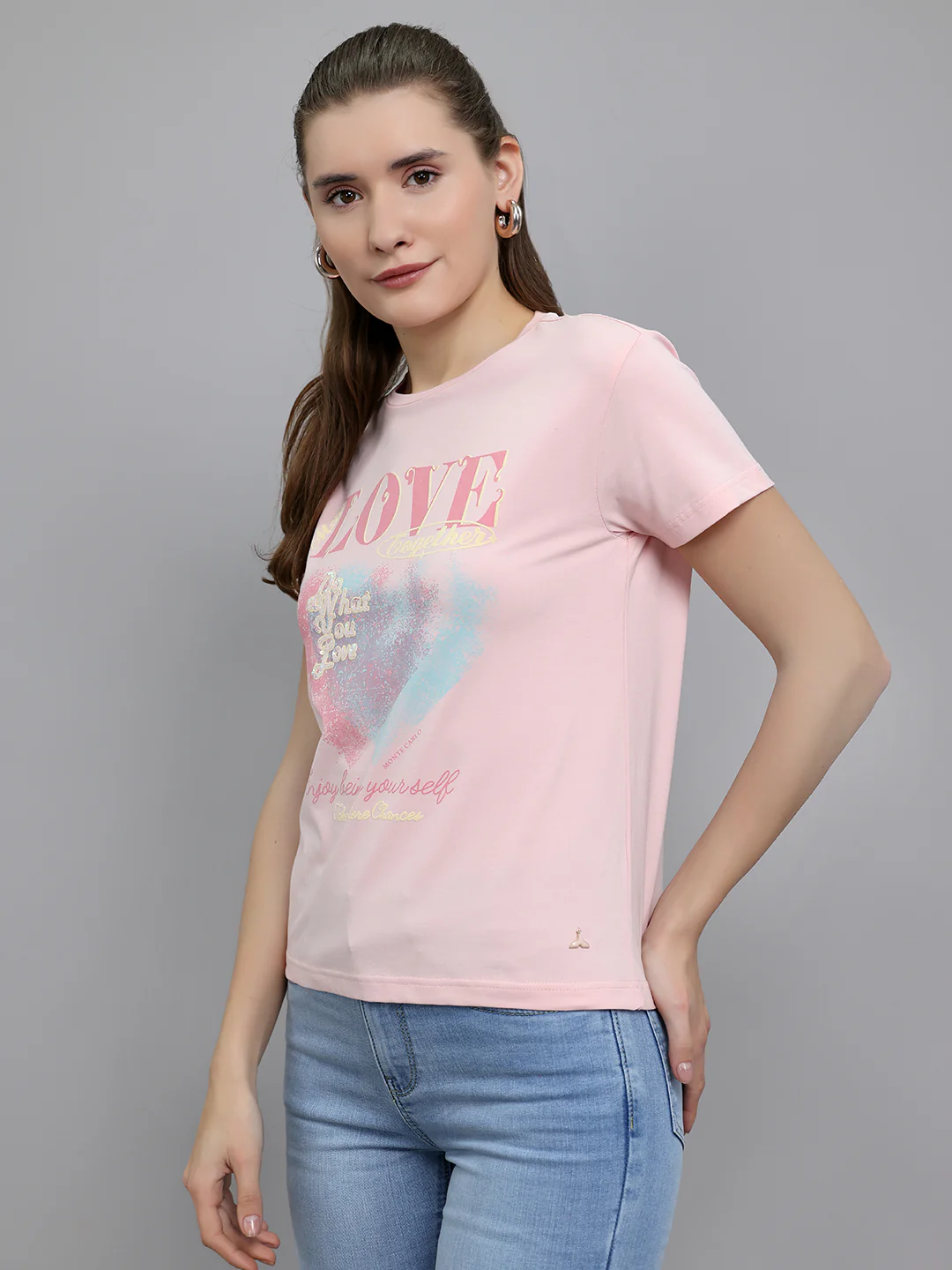 Women Pink Printed Round Neck Half Sleeve Top - Image 2