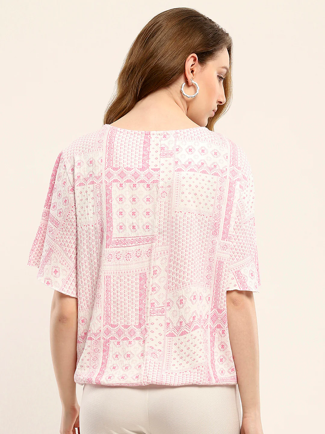 Women Pink Printed Round Neck Half Sleeve Winte Top - Image 5