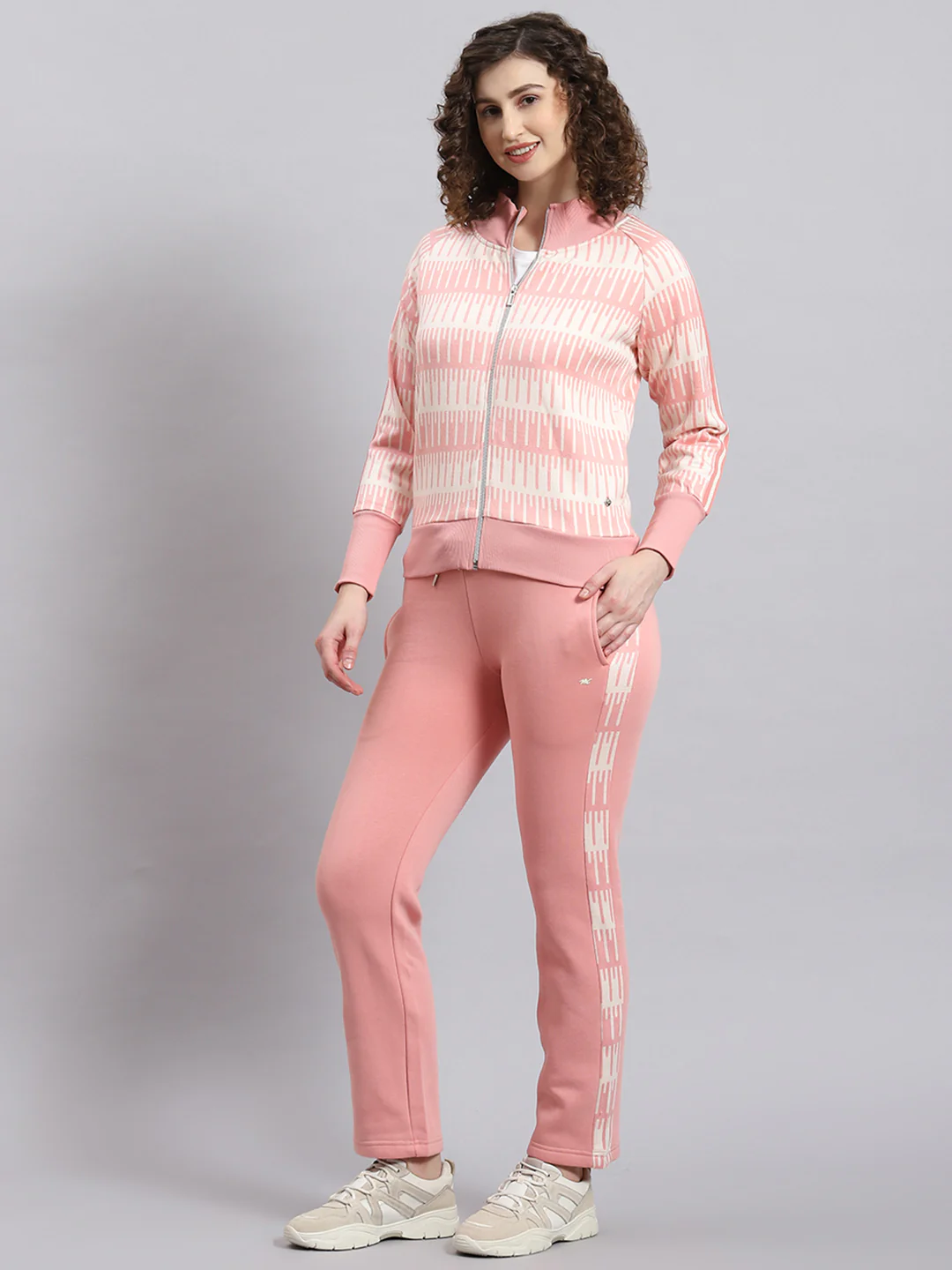 Women Pink Printed Stand Collar Full Sleeve Tracksuit - Image 2