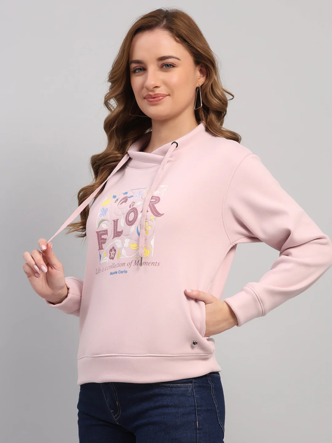 Women Pink Printed Turtle Neck Full Sleeve Sweatshirt - Image 3