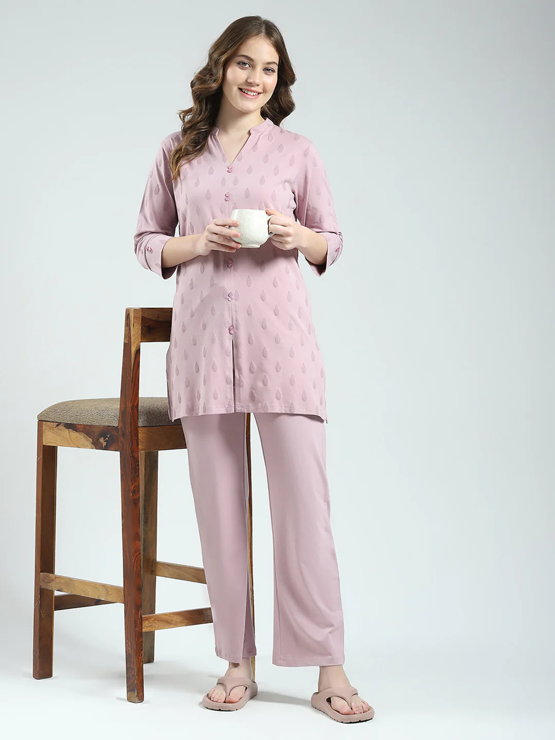Women Pink Printed Round Neck 3/4th Sleeve Lower Set - Image 2