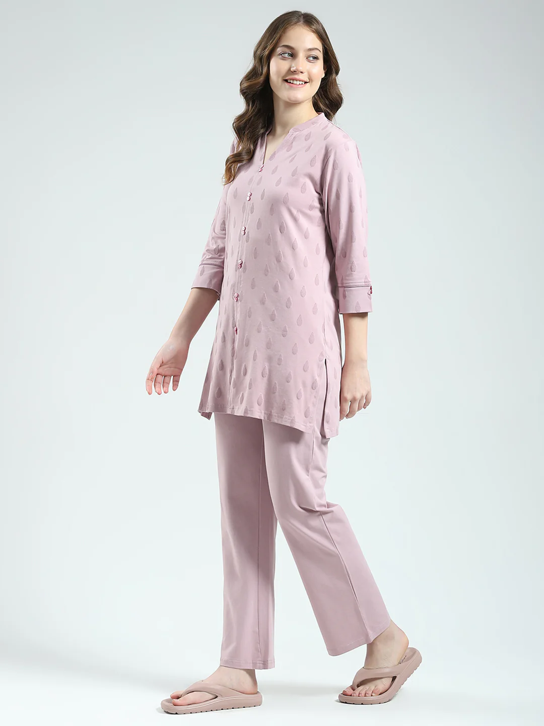 Women Pink Printed Round Neck 3/4th Sleeve Lower Set - Image 3