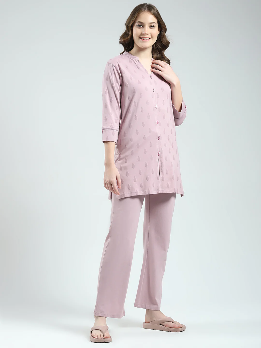 Women Pink Printed Round Neck 3/4th Sleeve Lower Set - Image 4