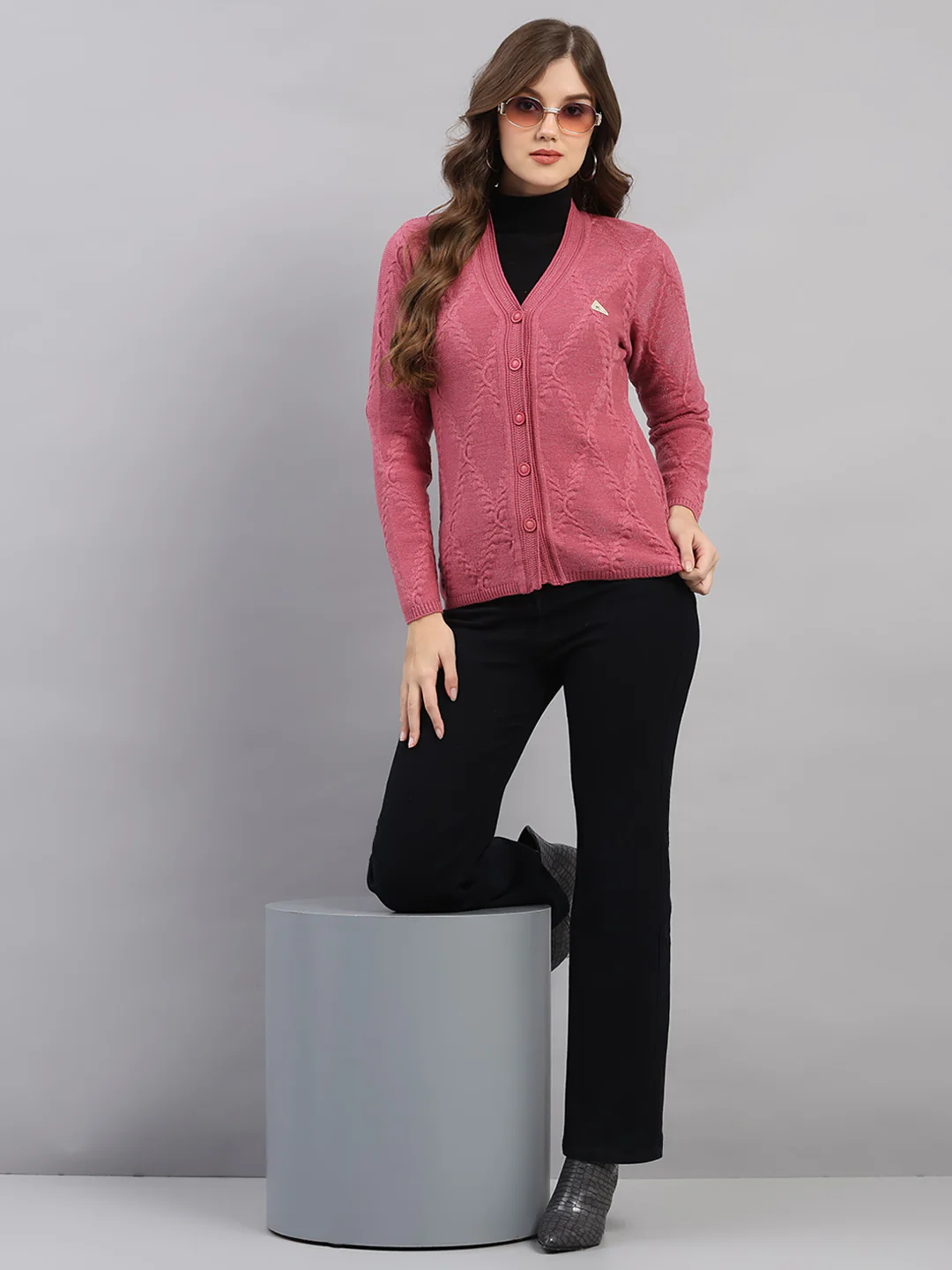 Women Pink Printed V Neck Full Sleeve Cardigan - Image 2