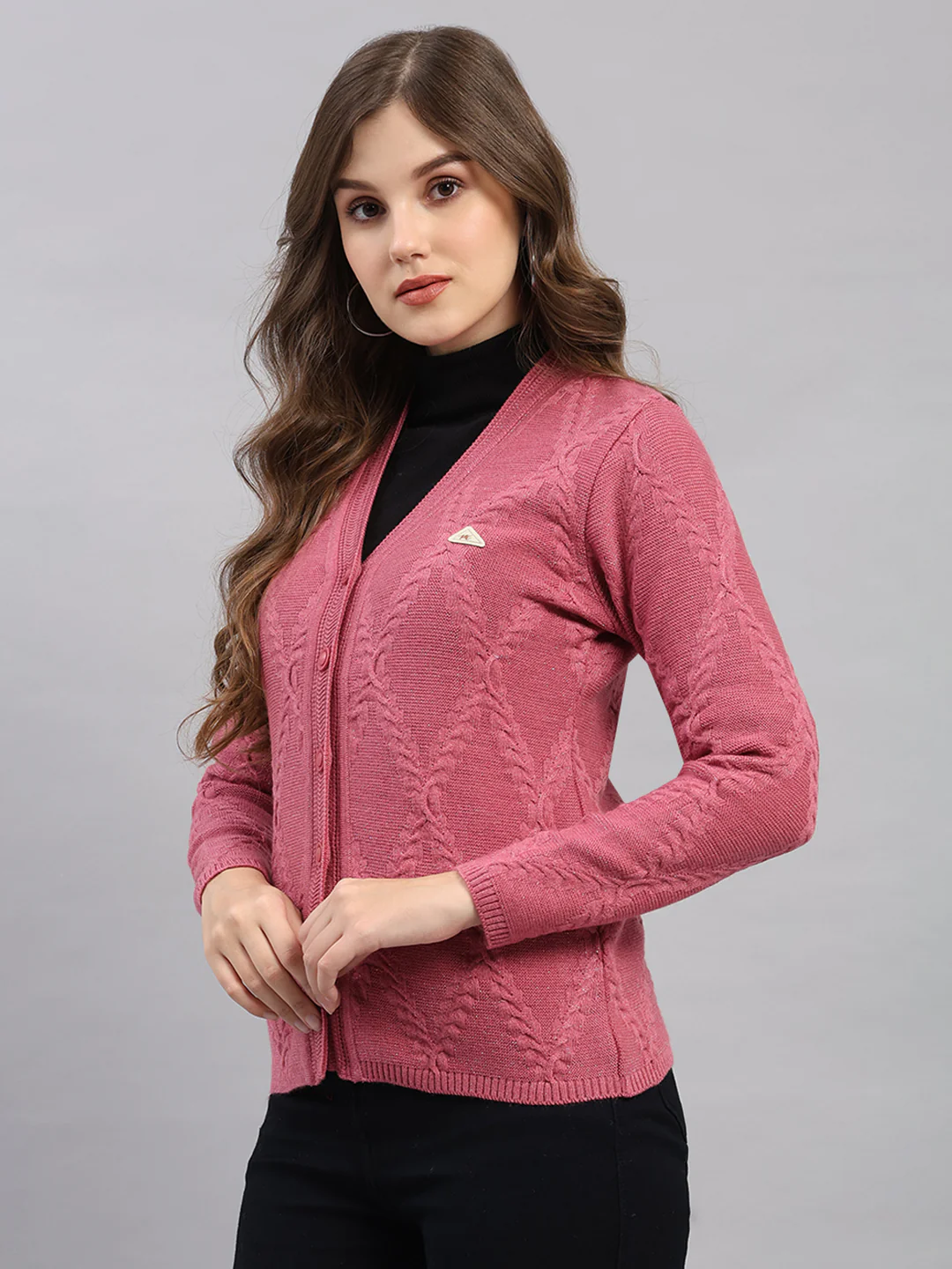 Women Pink Printed V Neck Full Sleeve Cardigan - Image 3