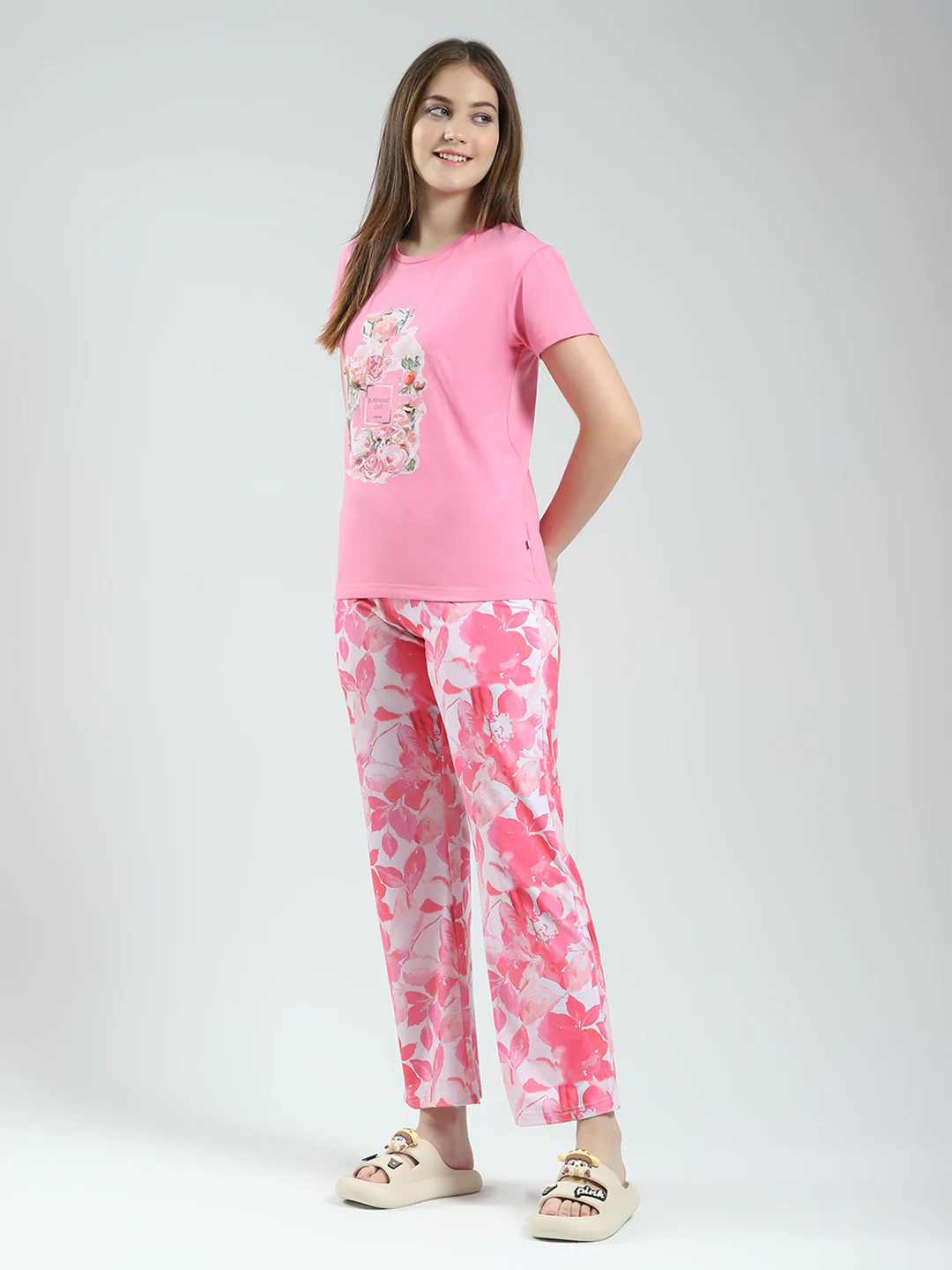 Women Pink Printed Round Neck Half Sleeve Lower Set - Image 3