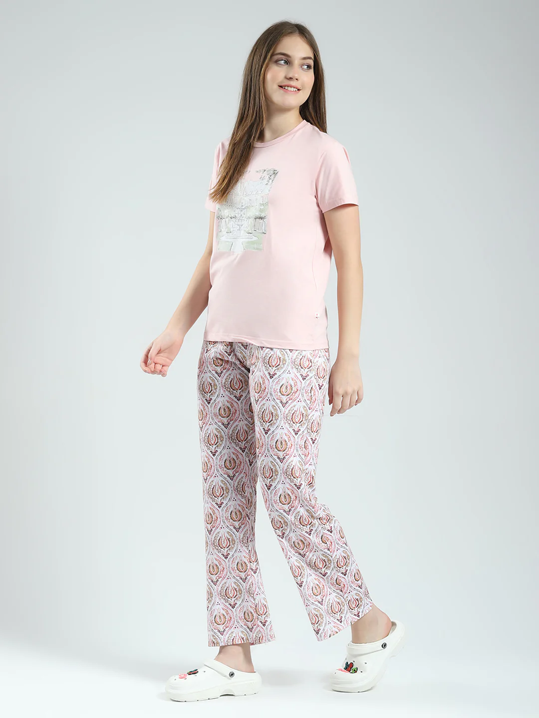 Women Pink Printed Round Neck Half Sleeve Lower Set - Image 3