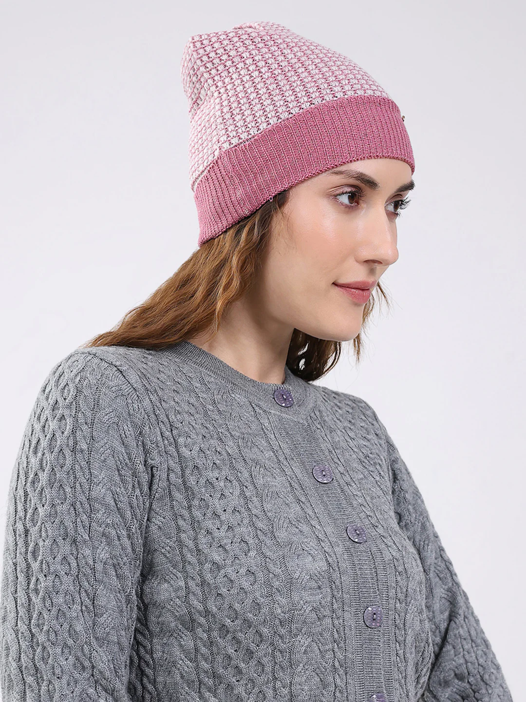 Women Pink Self Design Blend Wool Cap - Image 4