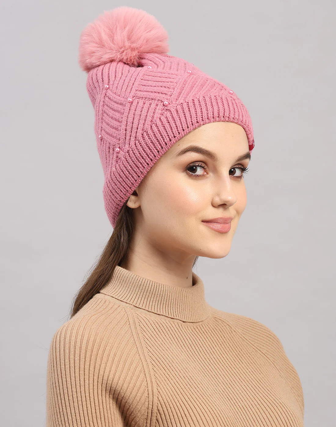 Women Pink Self Design Blend Wool Cap - Image 4