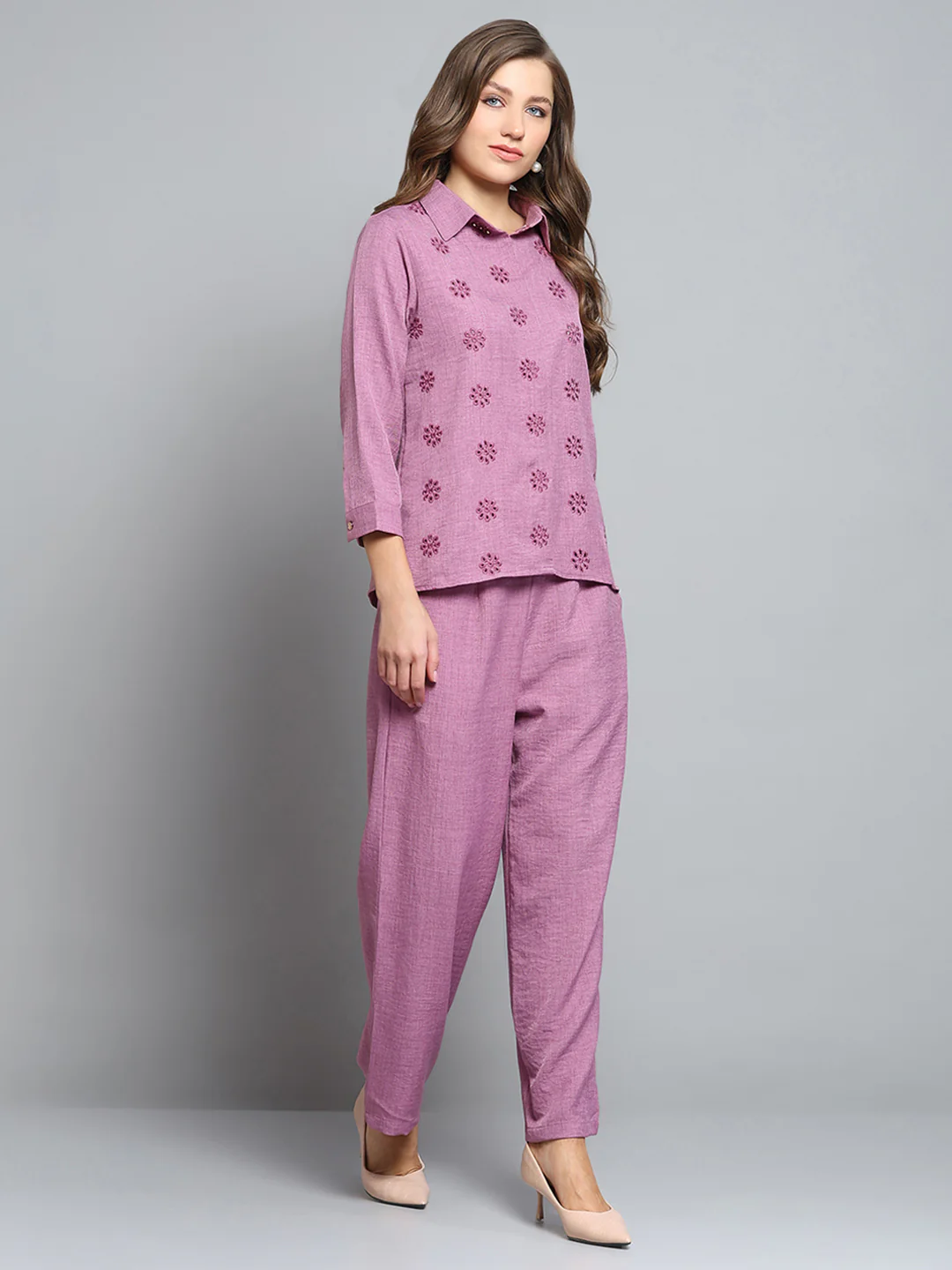 Women Pink Self Design Collar 3/4th Sleeve Cords Set - Image 5