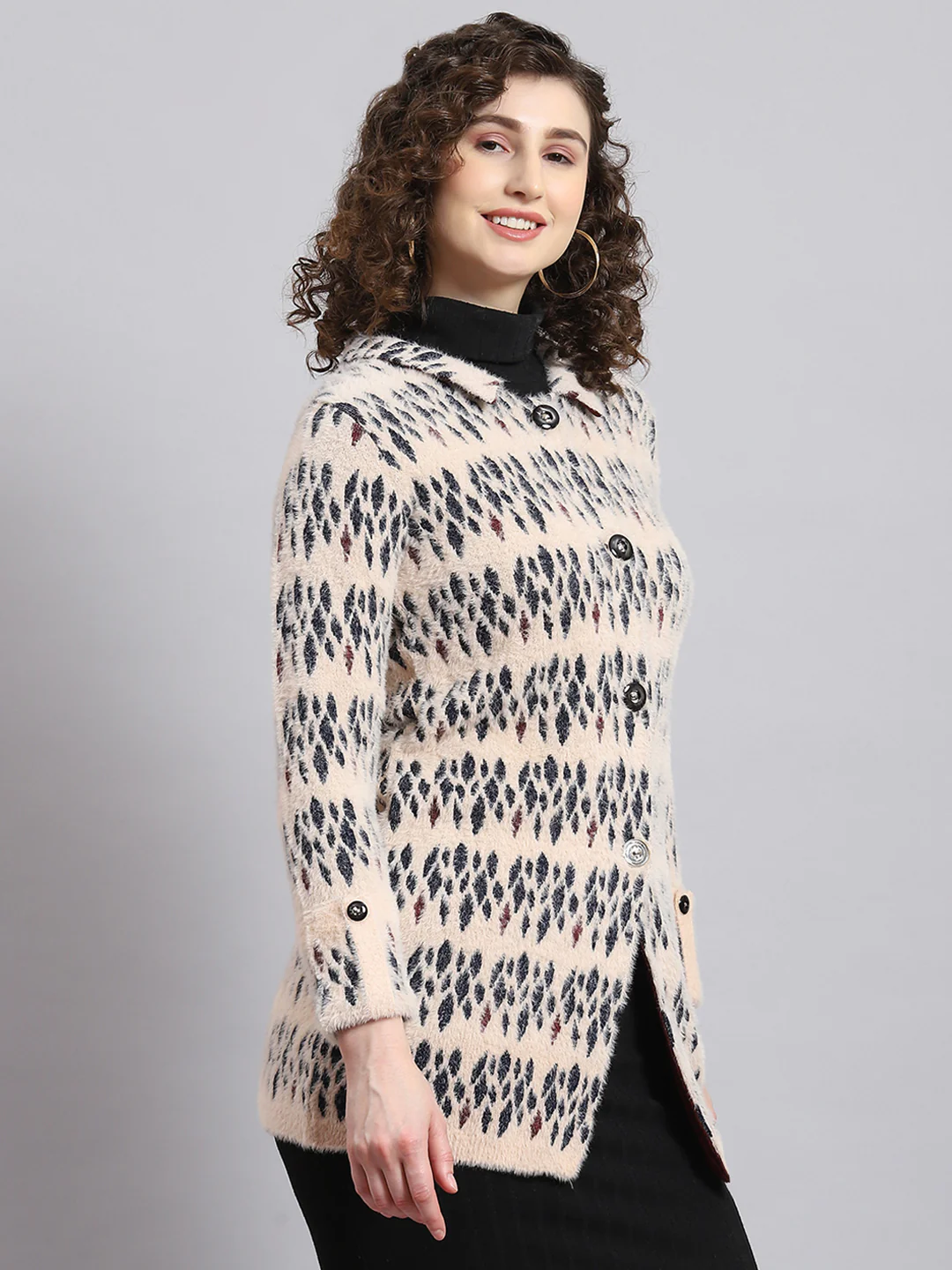 Women Pink Self Design Collar Full Sleeve Coat - Image 3