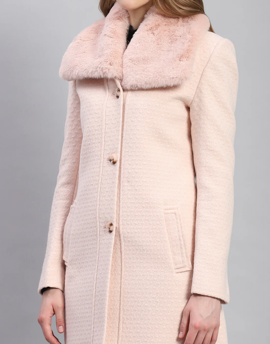Women Pink Self Design Collar Full Sleeve Coat - Image 6