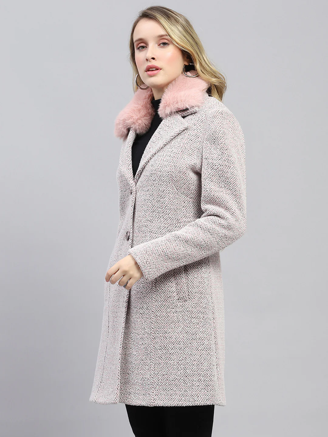 Women Pink Self Design Collar Full Sleeve Coat - Image 3