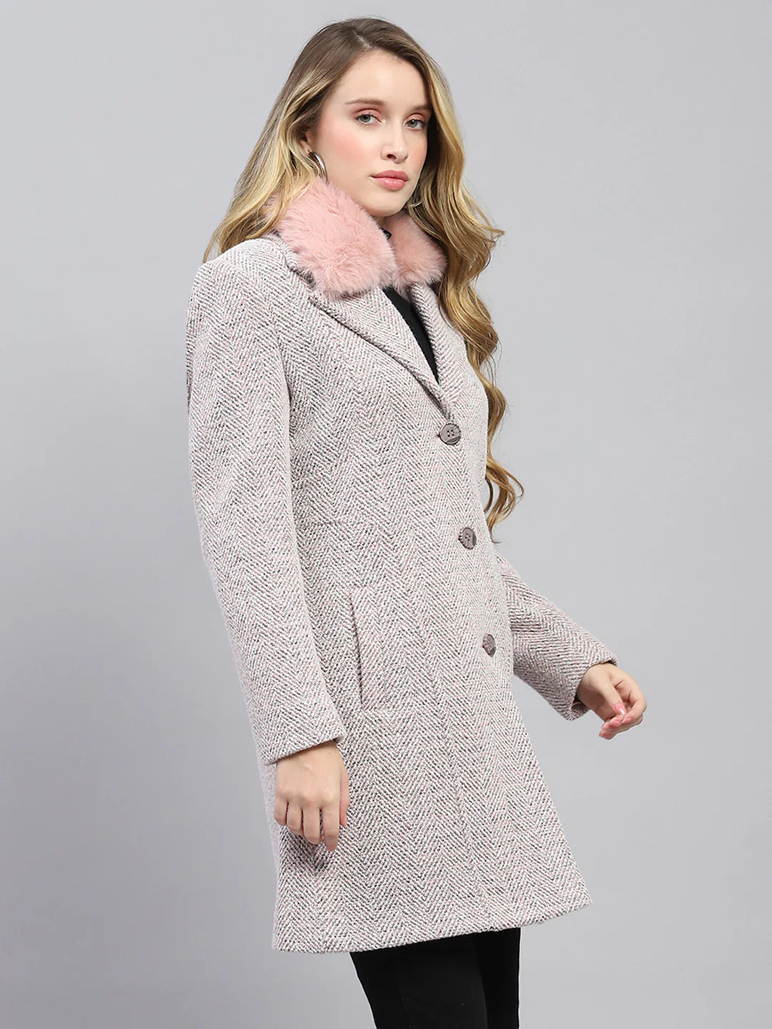 Women Pink Self Design Collar Full Sleeve Coat - Image 4