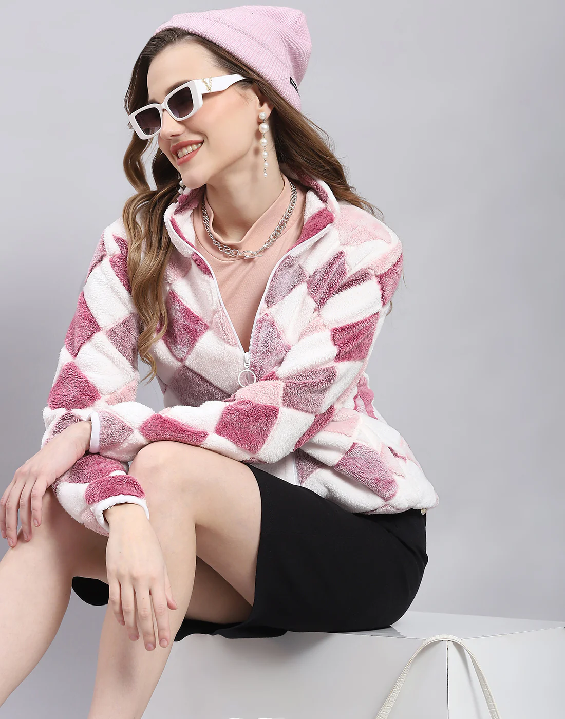 Women Pink Self Design F Neck Full Sleeve Sweatshirt - Image 2