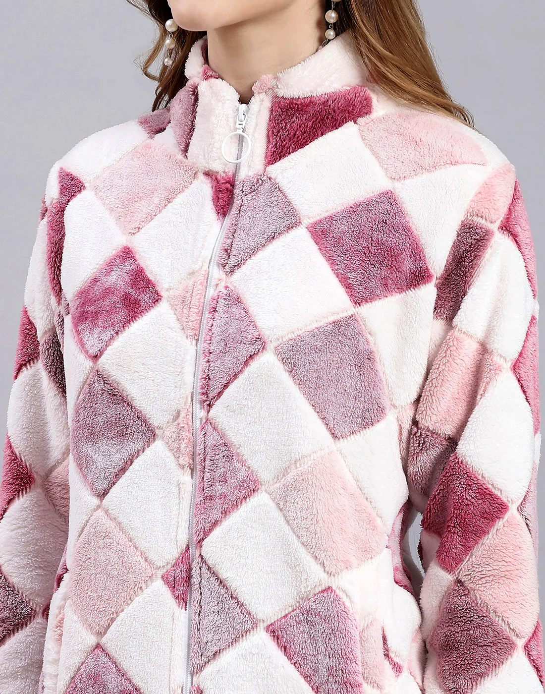 Women Pink Self Design F Neck Full Sleeve Sweatshirt - Image 7