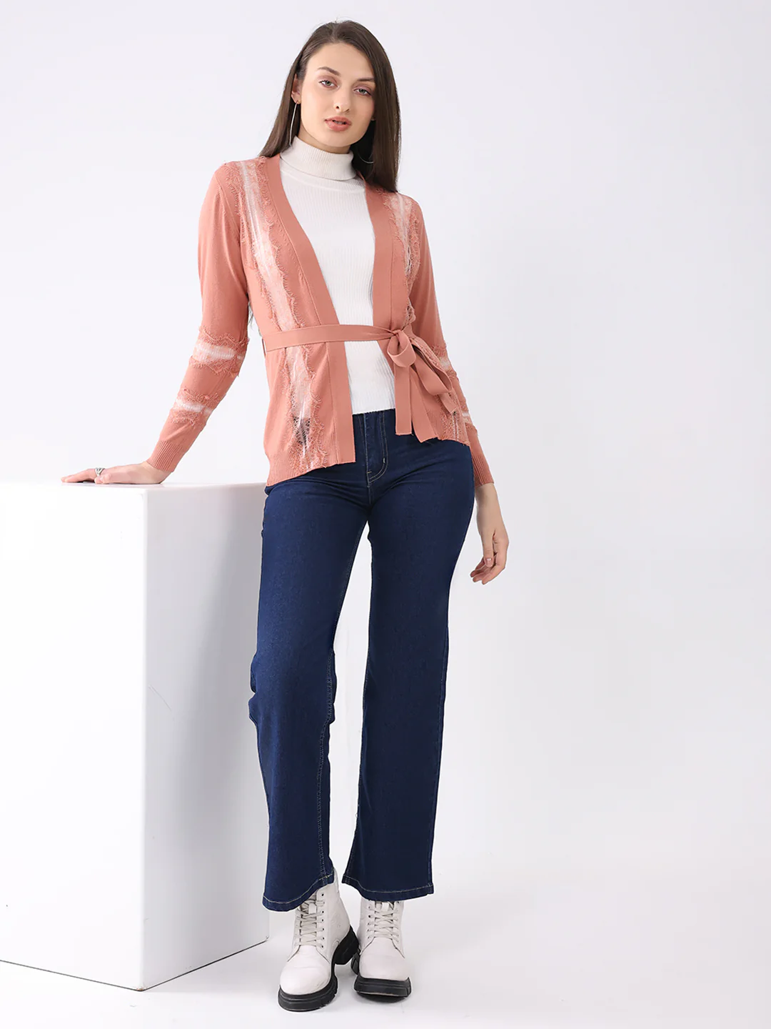 Women Pink Self Design Front Open Full Sleeve Cardigan - Image 2