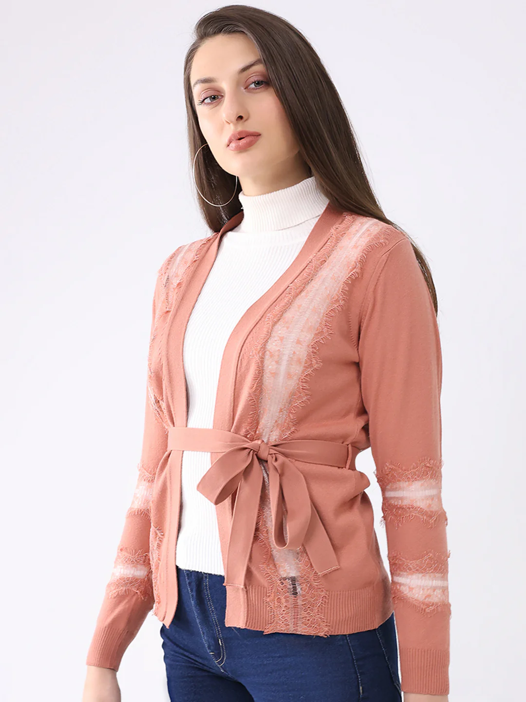 Women Pink Self Design Front Open Full Sleeve Cardigan - Image 3