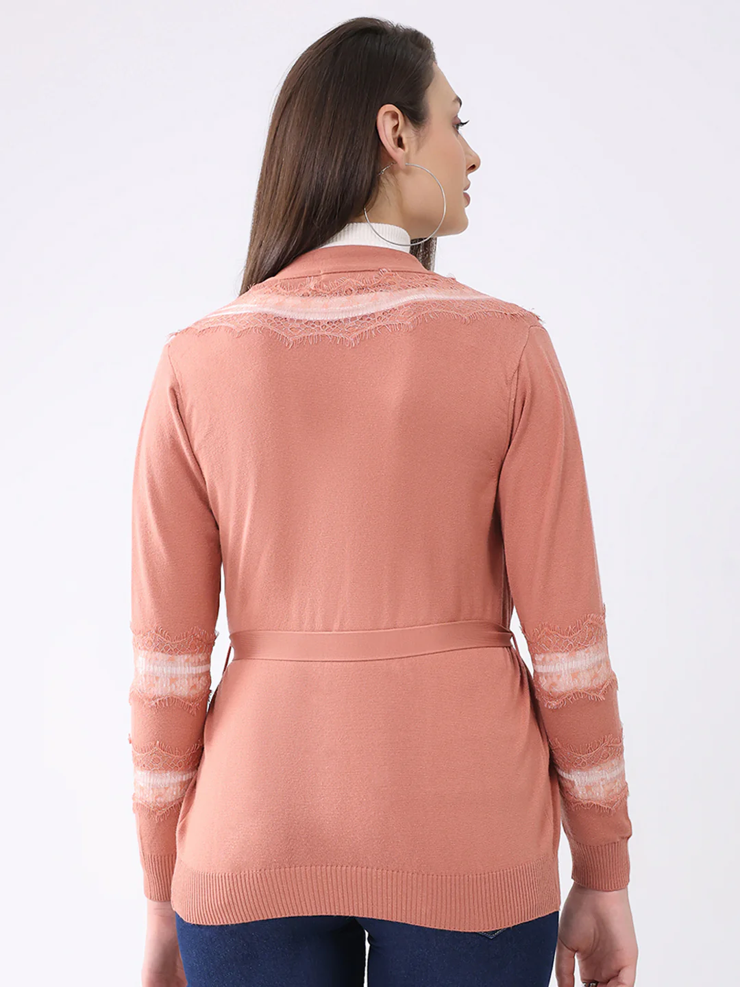 Women Pink Self Design Front Open Full Sleeve Cardigan - Image 5
