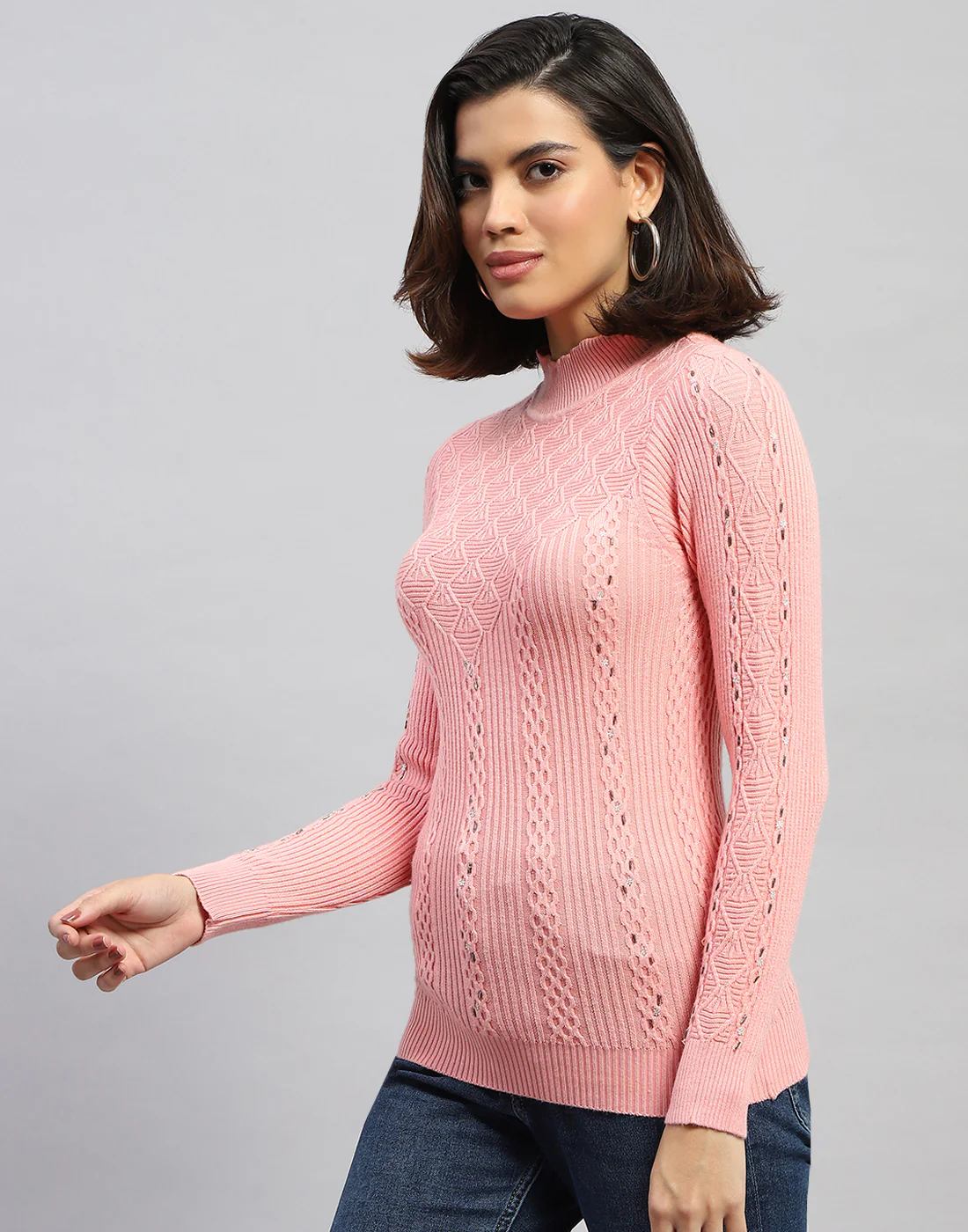 Women Pink Self Design High Neck Full Sleeve Sceavy - Image 3