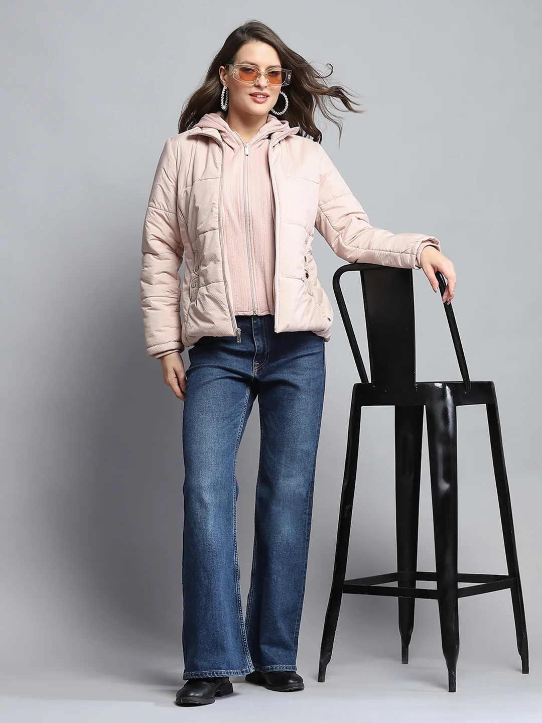 Women Pink Self Design Hooded Full Sleeve Jacket - Image 2