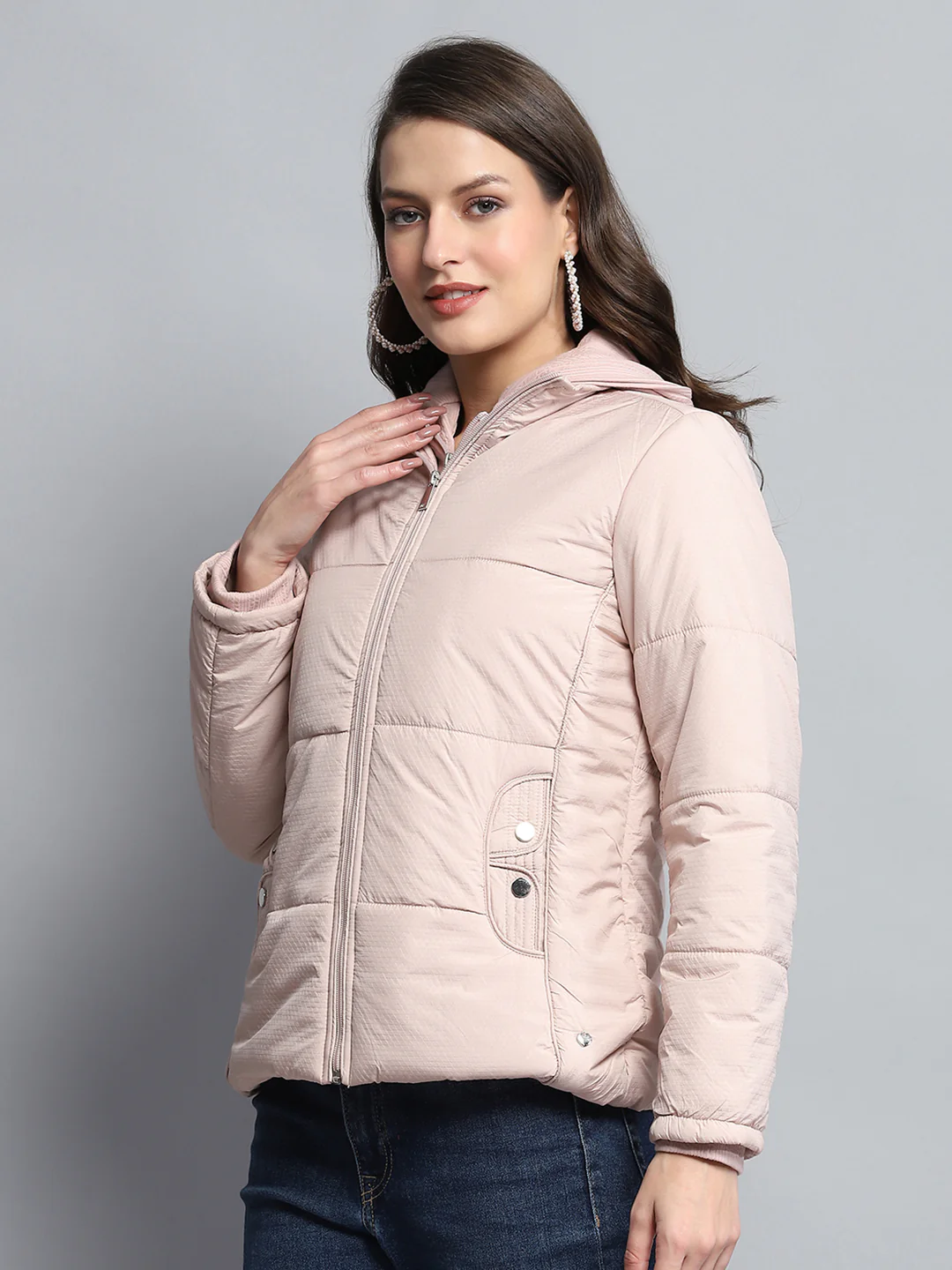 Women Pink Self Design Hooded Full Sleeve Jacket - Image 3