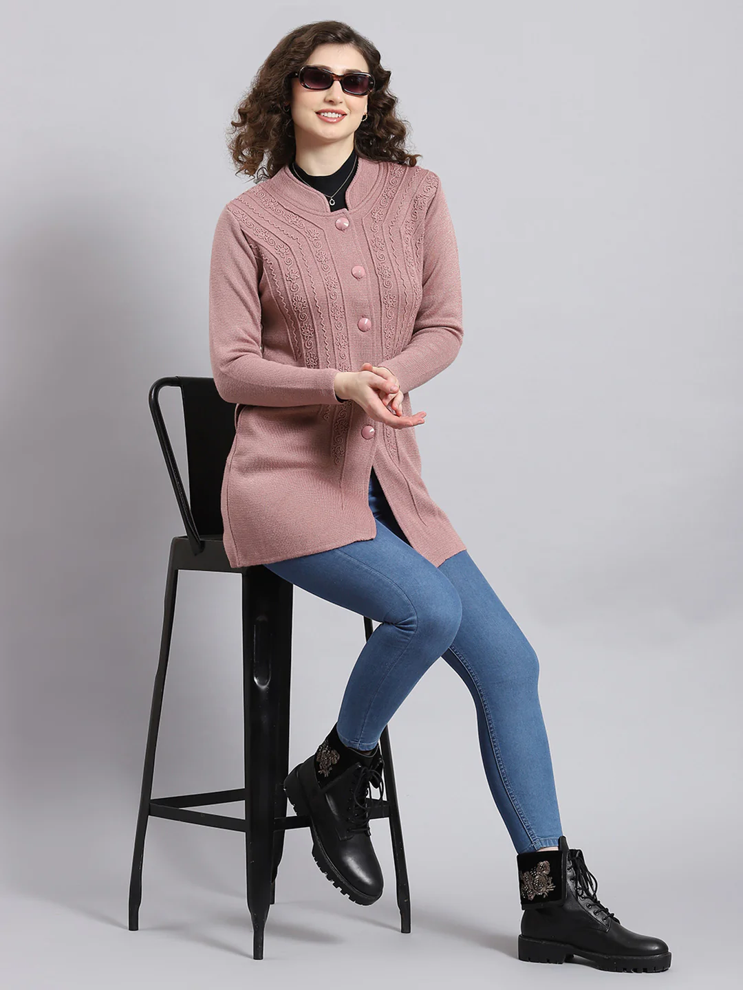 Women Pink Self Design Mandarin Collar Full Sleeve Coat - Image 3