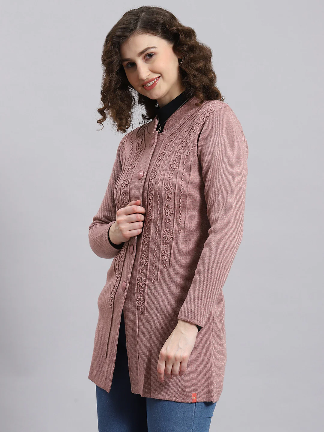 Women Pink Self Design Mandarin Collar Full Sleeve Coat - Image 4