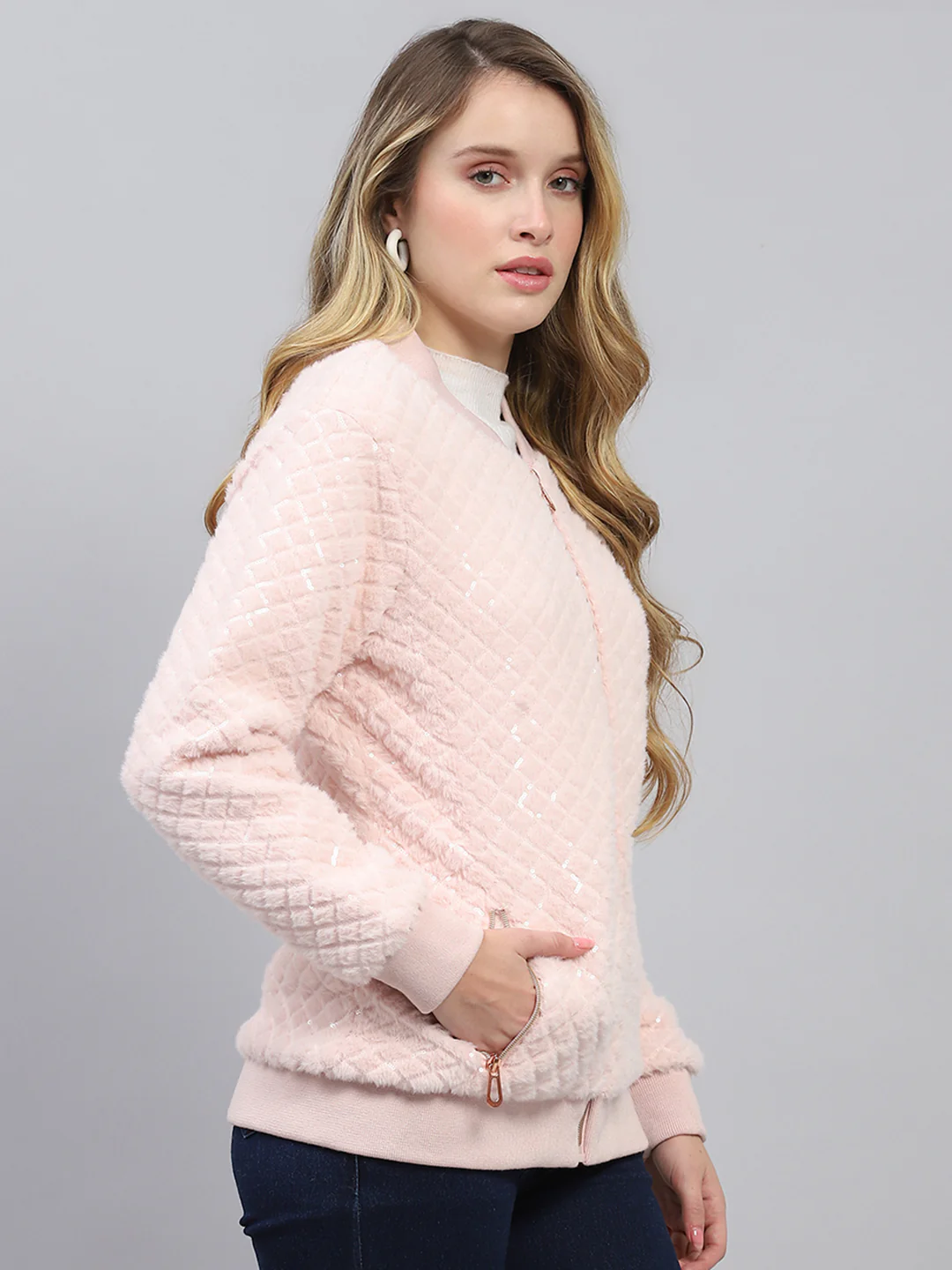 Women Pink Self Design Mock Neck Full Sleeve Sweatshirt - Image 4