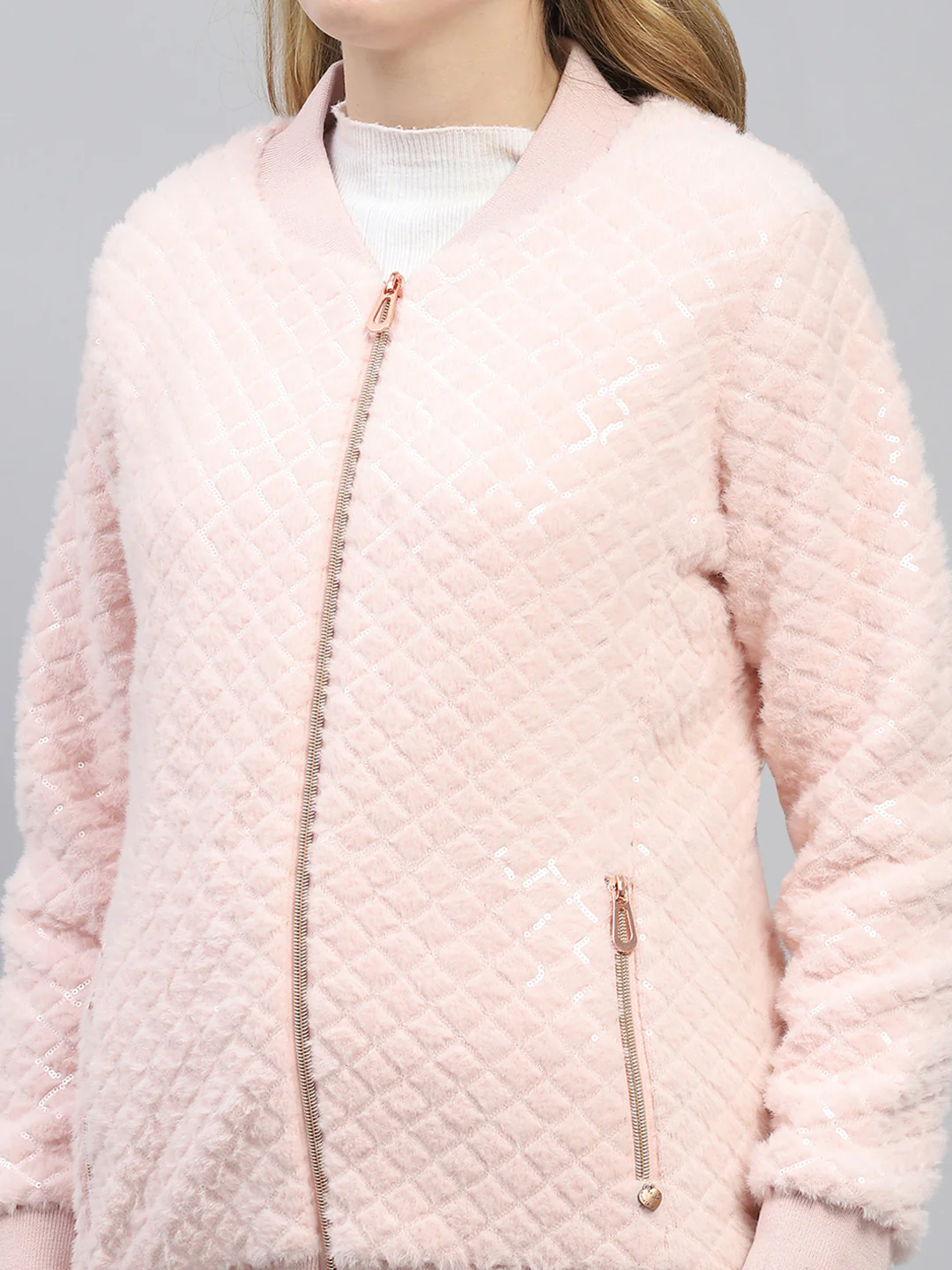Women Pink Self Design Mock Neck Full Sleeve Sweatshirt - Image 7