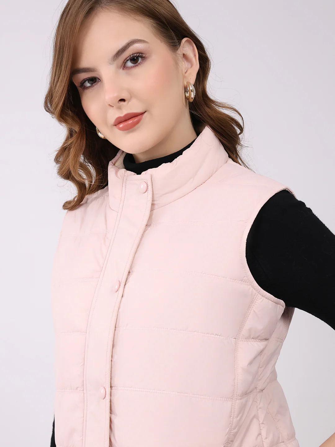 Women Pink Self Design Mock Neck Sleeveless Jacket - Image 7