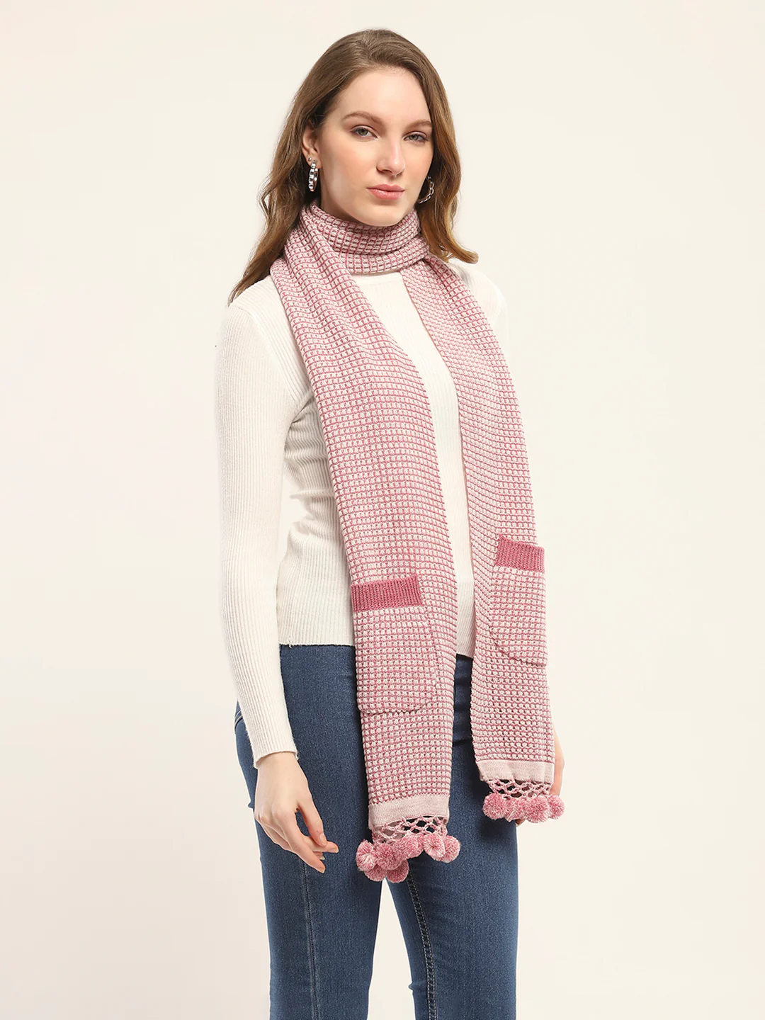 Women Pink Self Design Muffler - Image 5