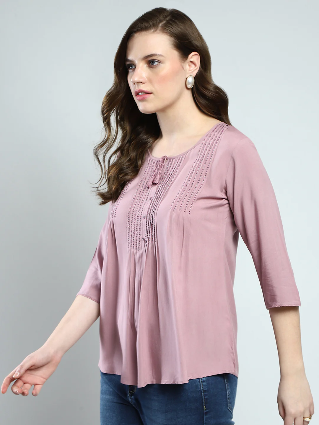 Women Pink Self Design Round Neck 3/4th Sleeve Top - Image 3