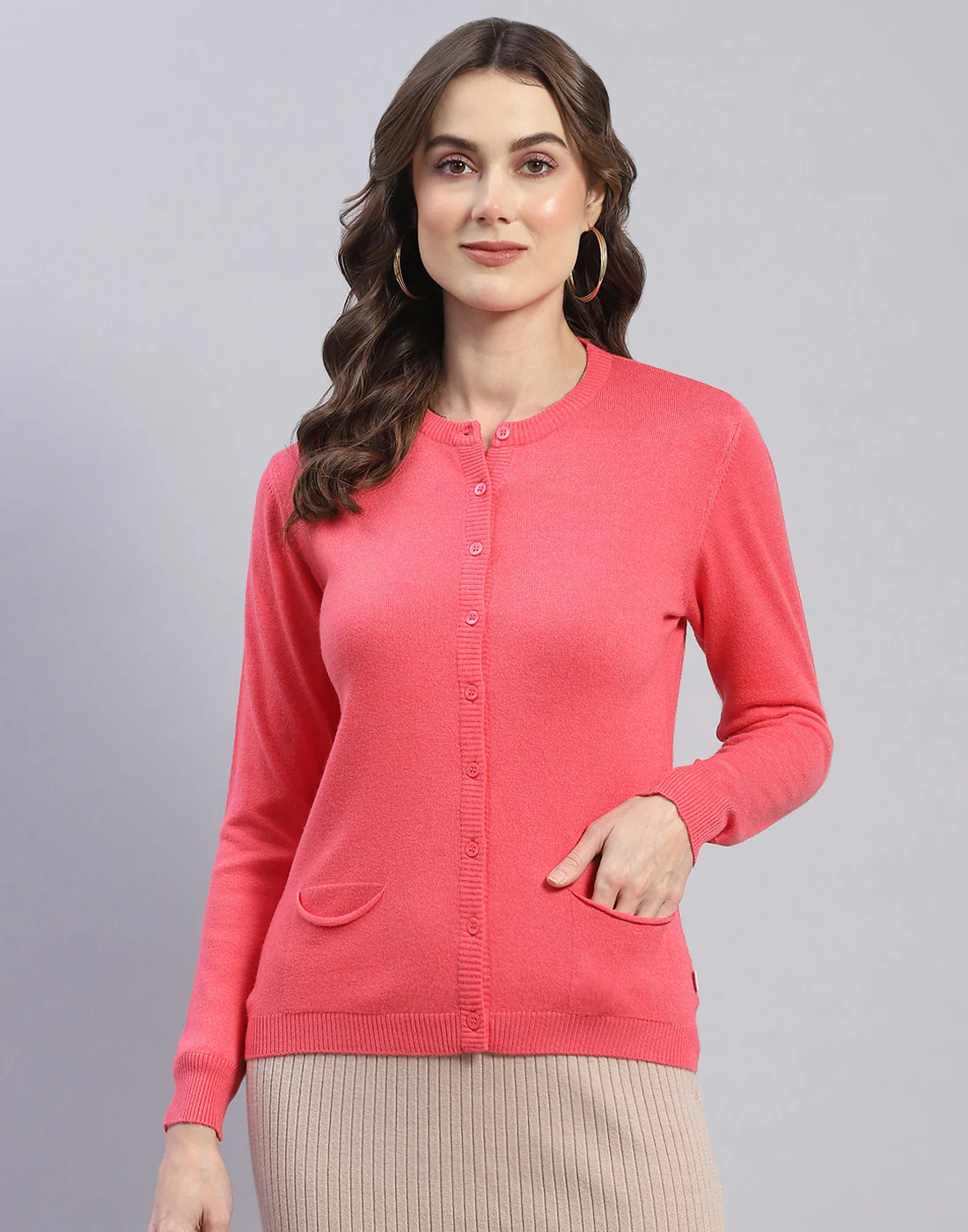 Women Pink Self Design Round Neck Full Sleeve Cardigan - Image 2