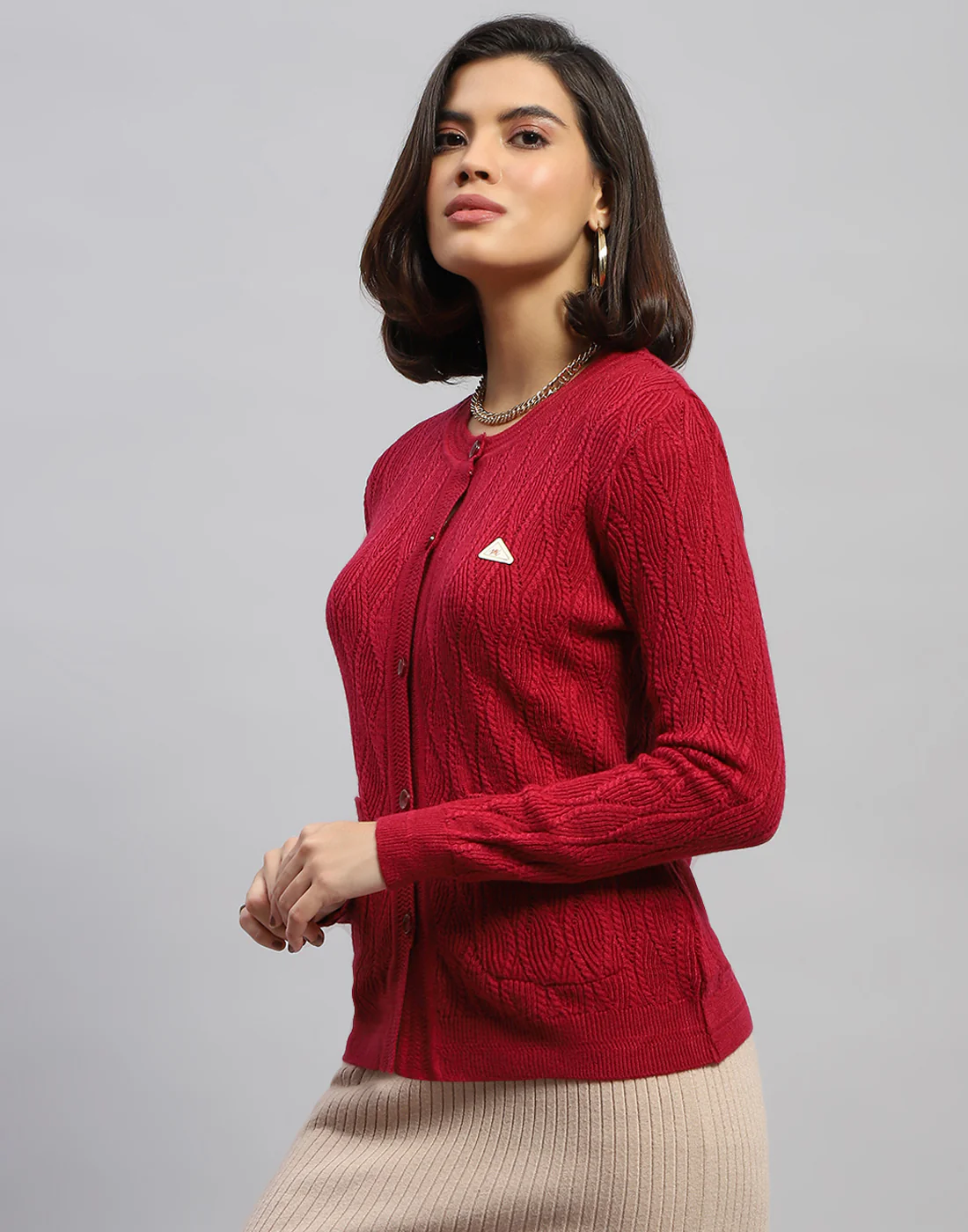 Women Pink Self Design Round Neck Full Sleeve Cardigan - Image 3