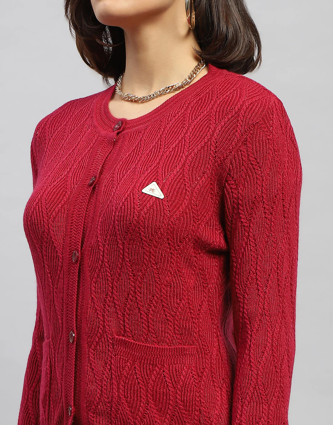 Women Pink Self Design Round Neck Full Sleeve Cardigan - Image 6