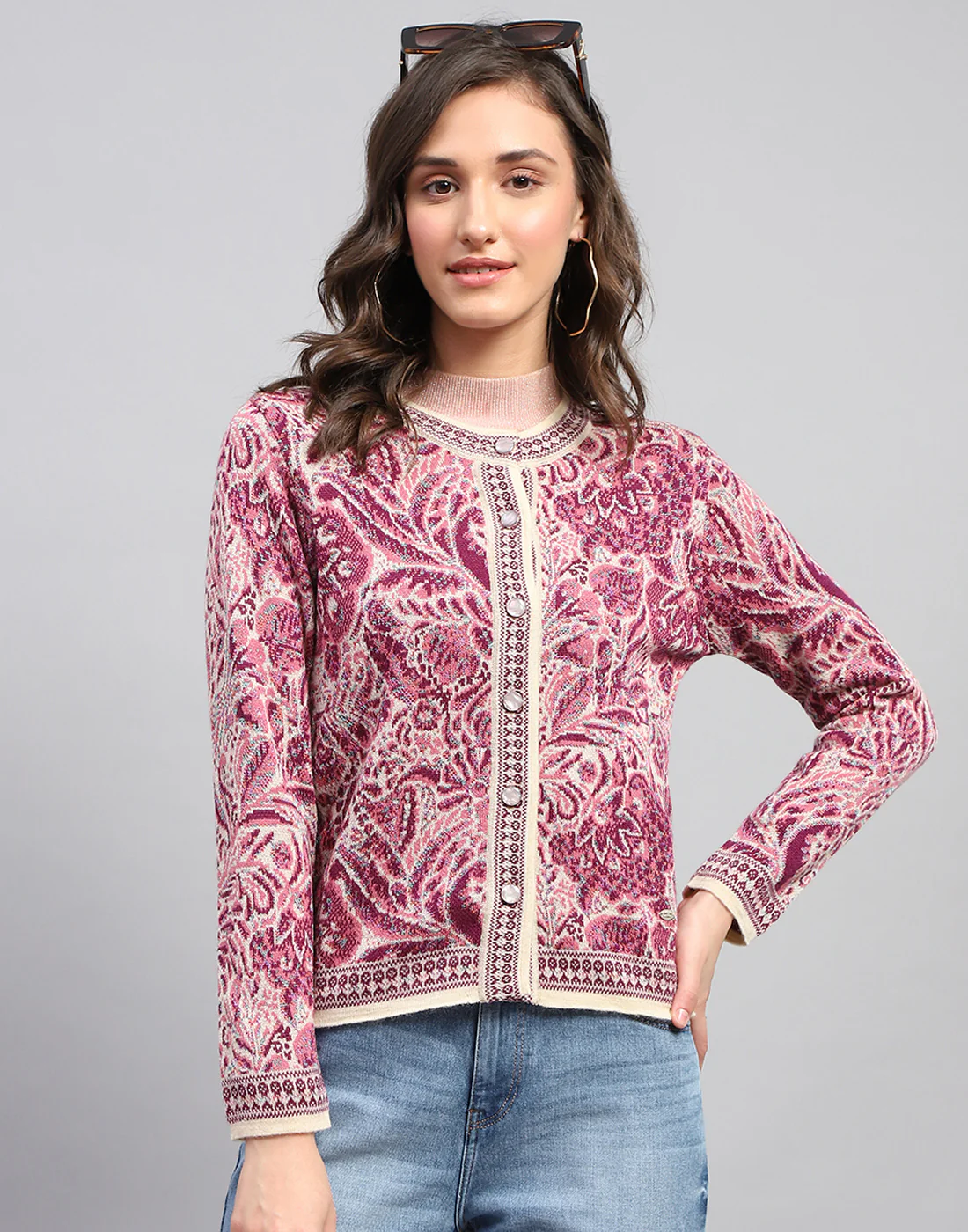 Women Pink Self Design Round Neck Full Sleeve Cardigan - Image 2