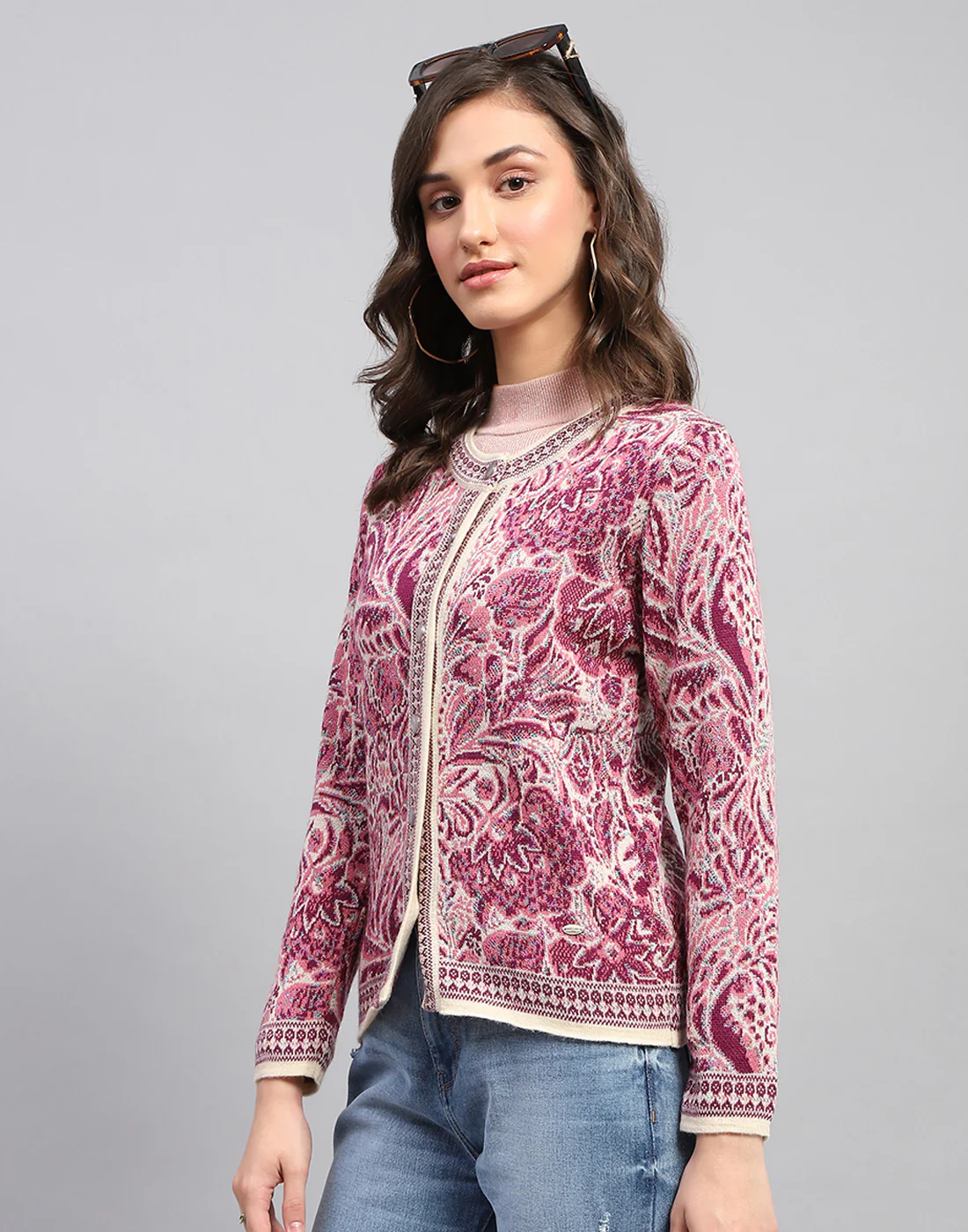 Women Pink Self Design Round Neck Full Sleeve Cardigan - Image 3